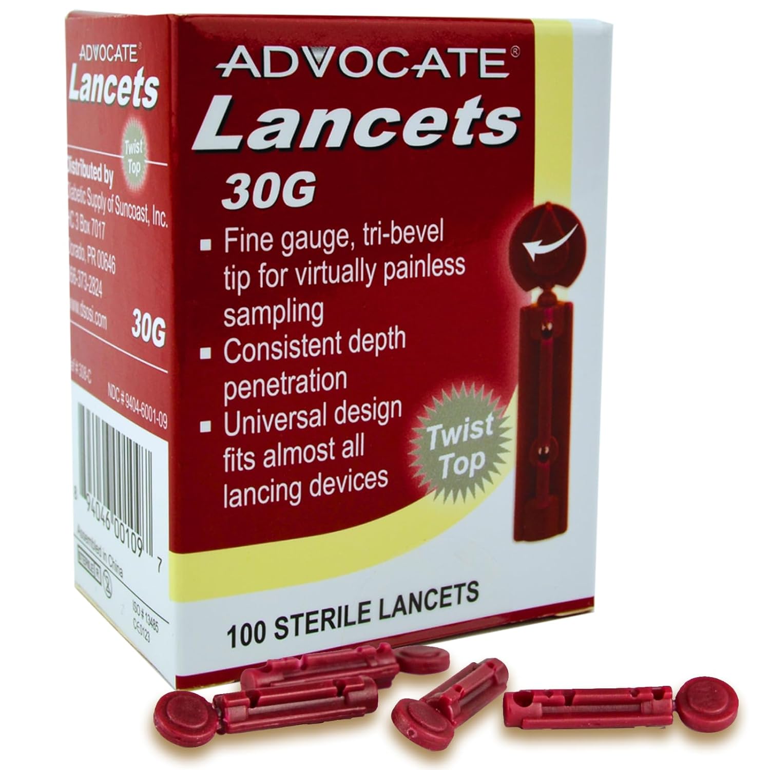 Advocate Lancets for Accurate Glucose Testing 30 Gauge Sterile Blood Lancets for Human and Pet Use - Easy-to-Use Twist Top and Thin Lancets - Essential Diabetic Lancet Supplies 100 Count