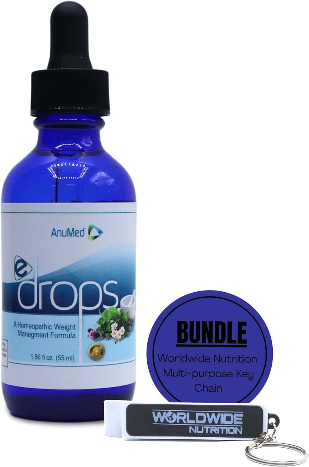 Anumed e-Drops - Metabolism, Control Hunger, Fast Transformation Healthy Weight Management - Natural Vegan, Keto Friendly for Women  Men (2oz) w/Bonus Worldwidenutrition Multi-Purpose Key Chain