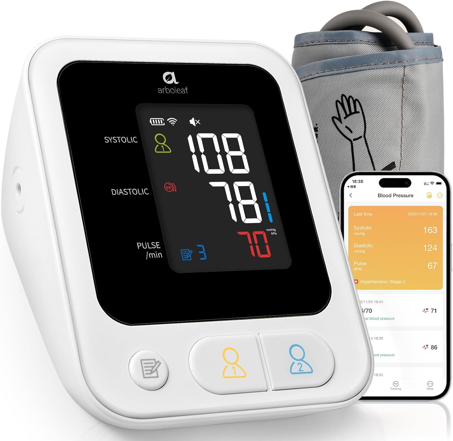 arboleaf Blood Pressure Monitor Upper Arm, Blood Pressure Monitors for Home Use, Blood Pressure Machine with Wide Range Cuff, Cuff 8.7-18.9, Bluetooth App Tracking, Rechargeable BP Monitor