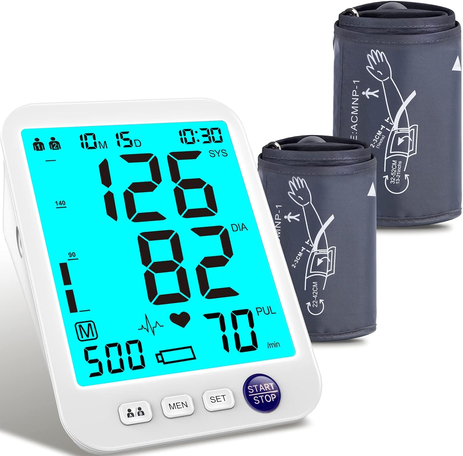 Automatic Blood Pressure Machine XL Cuff for Big Arms 13-21”-Medium/Large Cuff 9-17Extra Large Backlit LCD Heart Rate Detection Two User 1000 Mem (Blue