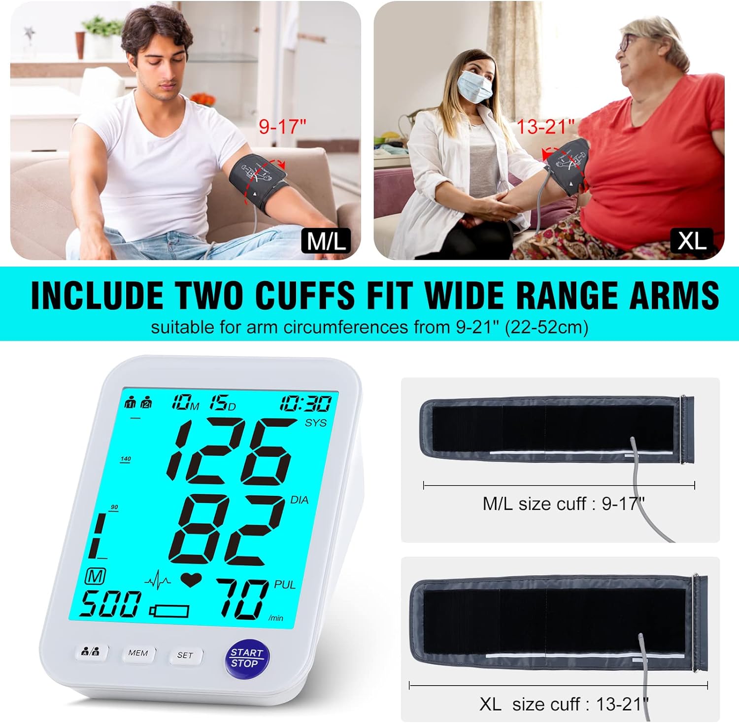 Automatic Blood Pressure Machine XL Cuff for Big Arms 13-21”-Medium/Large Cuff 9-17Extra Large Backlit LCD Heart Rate Detection Two User 1000 Mem (Blue
