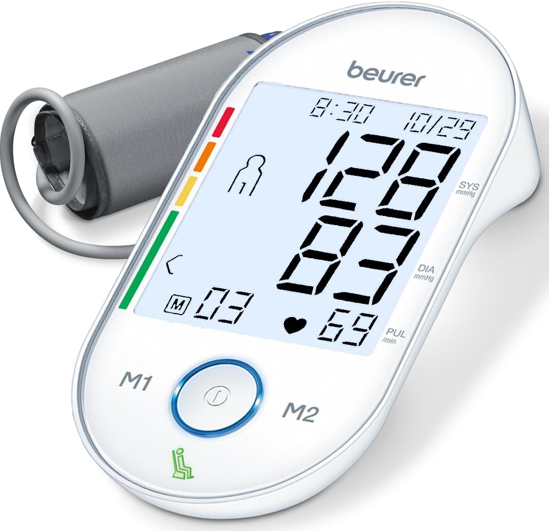 Beurer BM27 Upper Arm Blood Pressure Monitor for Home Use with Automatic Adjustable Cuff, 120 Memory Sets, Irregular Heart Rate Detection, Risk Indicator, and Storage Bag