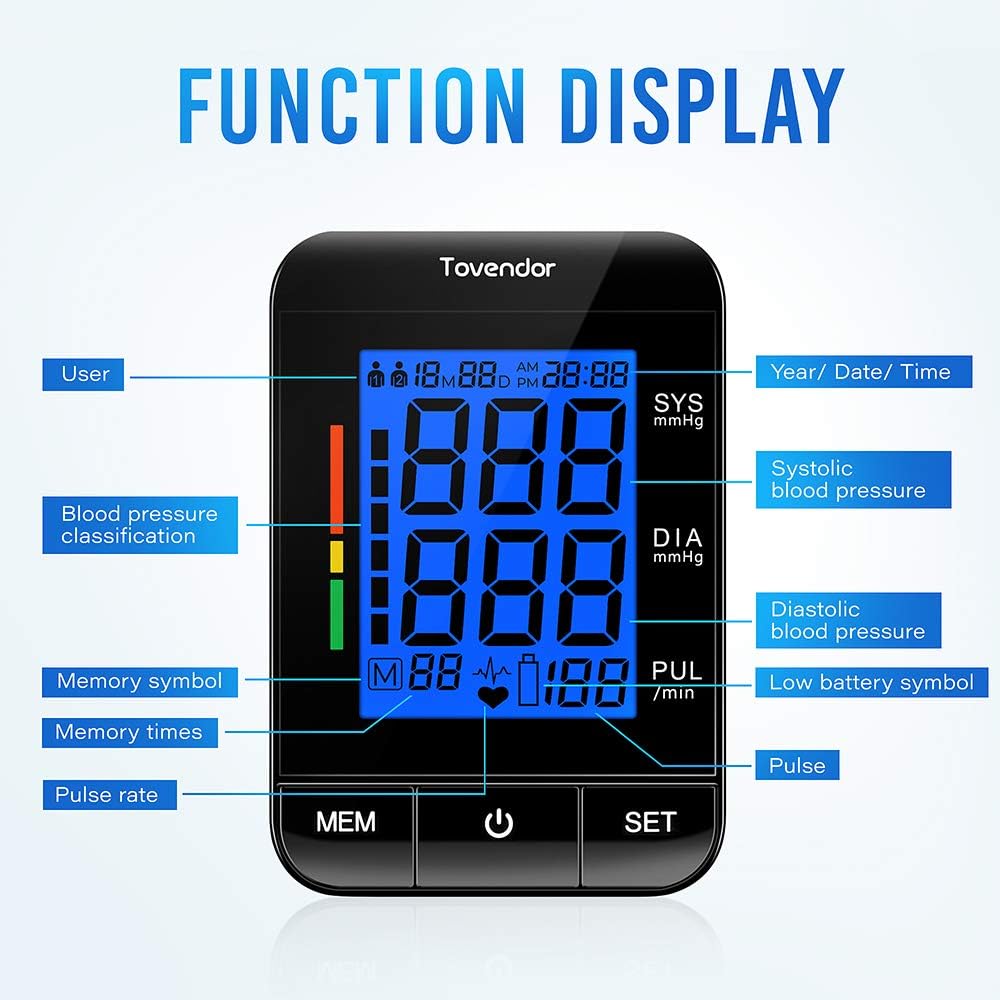 Blood Pressure Cuff Upper Arm, Tovendor Accurate Digital BP Monitor with Adjustable 8.7-16.5 inch Cuff for Home Use, Automatic Blood Pressure Machine with Pulse Rate, 2*90 Sets Memory, 4*AAA Batteries