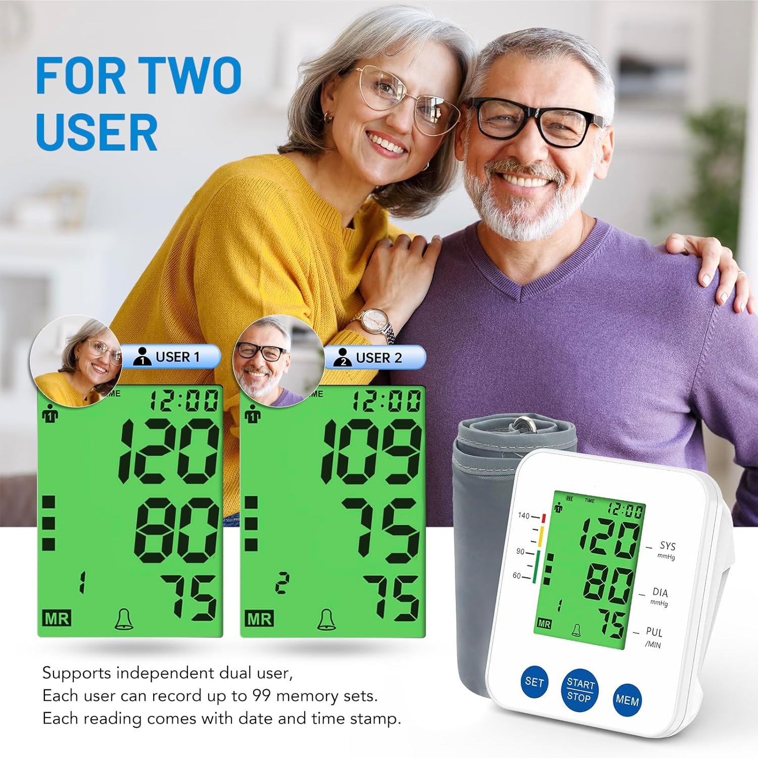 Blood Pressure Monitor Accurate Automatic Upper Arm High Blood Pressure Monitors Portable LCD Screen Powered by Battery with Adjustable Cuff and Storage Bag -White