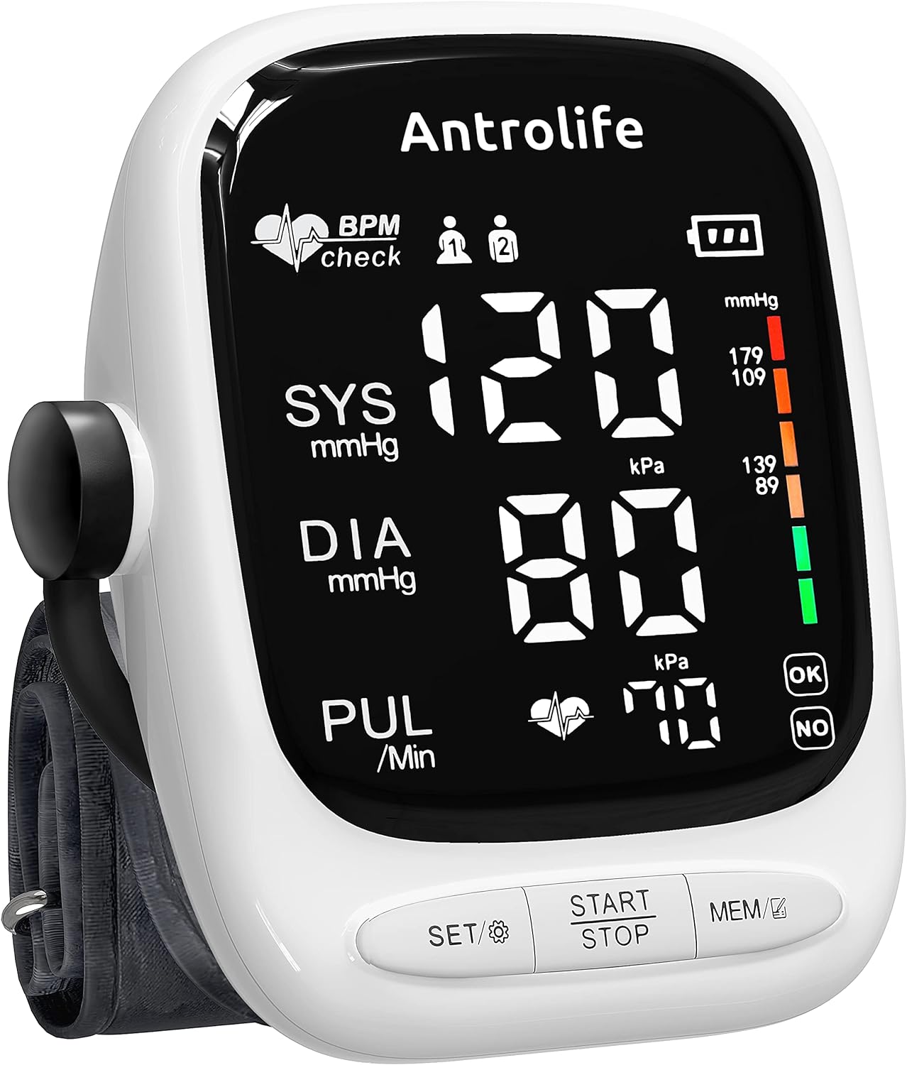 Blood Pressure Monitor by Antrolife - Automatic Upper Arm Machine  Accurate Adjustable Digital BP Cuff Kit - Largest Backlit Display - Pulse Rate Monitoring Meter - with Batteries, Bag (White)