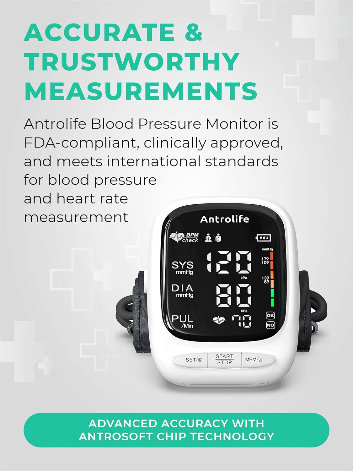 Blood Pressure Monitor by Antrolife - Automatic Upper Arm Machine  Accurate Adjustable Digital BP Cuff Kit - Largest Backlit Display - Pulse Rate Monitoring Meter - with Batteries, Bag (White)