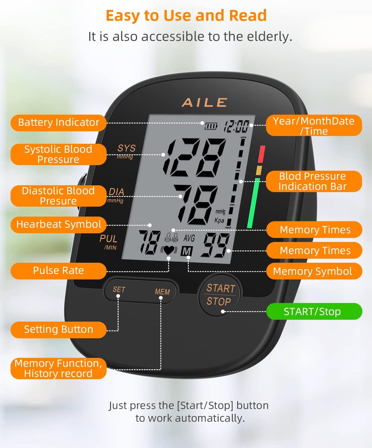 Blood Pressure Monitor for home use : AILE Blood Pressure Machine,Blood Pressure Cuff (8.7-16.5Adjustable),Upper Arm Automatic BP Monitor,high Blood Pressure machine L Cuff,2*99 Memory,Easy to use