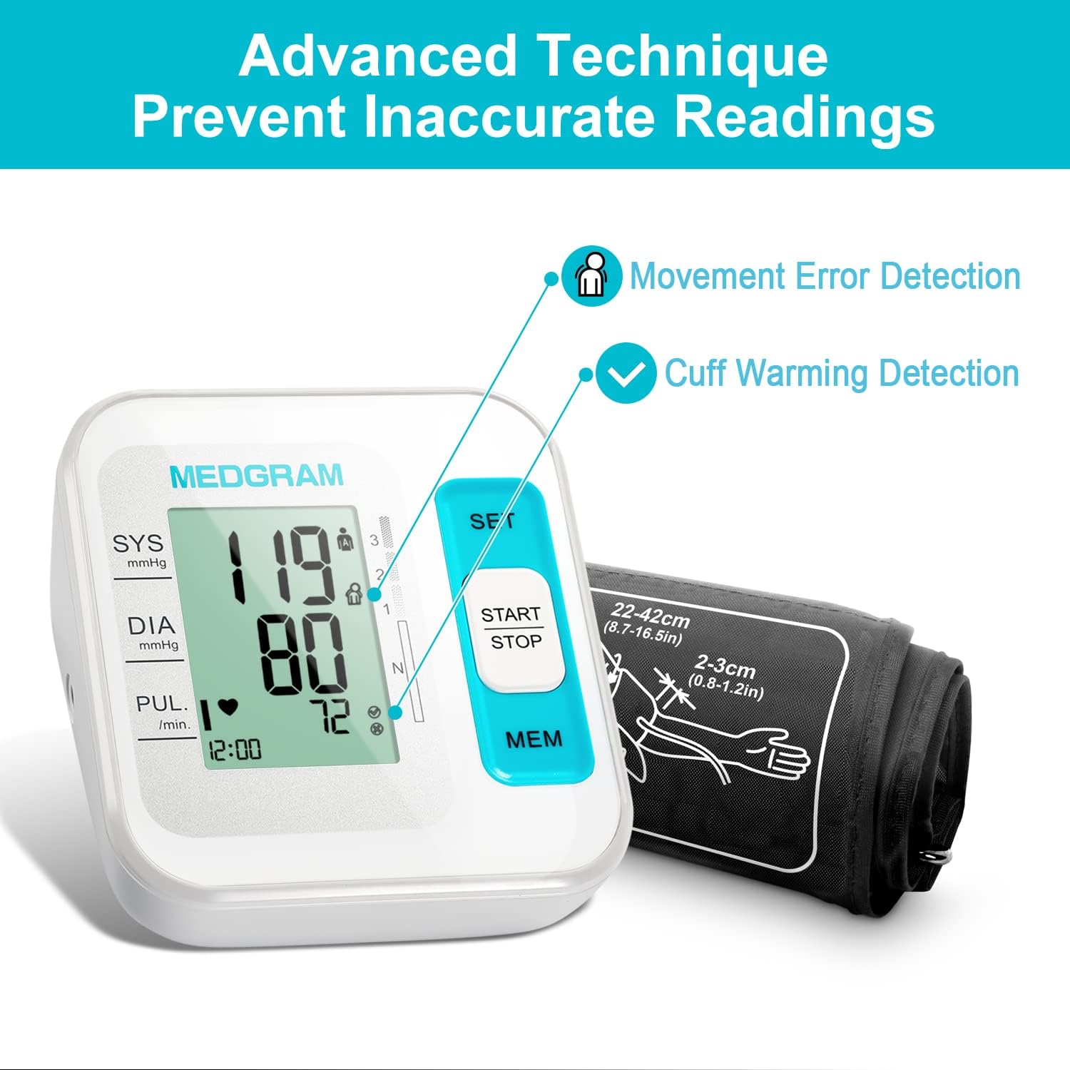 Blood Pressure Monitors for Home Use Upper Arm, MEDGRAM Accurate Blood Pressure Cuff for Home Use with Large Cuff 8.7-16.5 inch(22-42cm), Automatic  Digital BP Machine, 2 x 120 Sets Memory