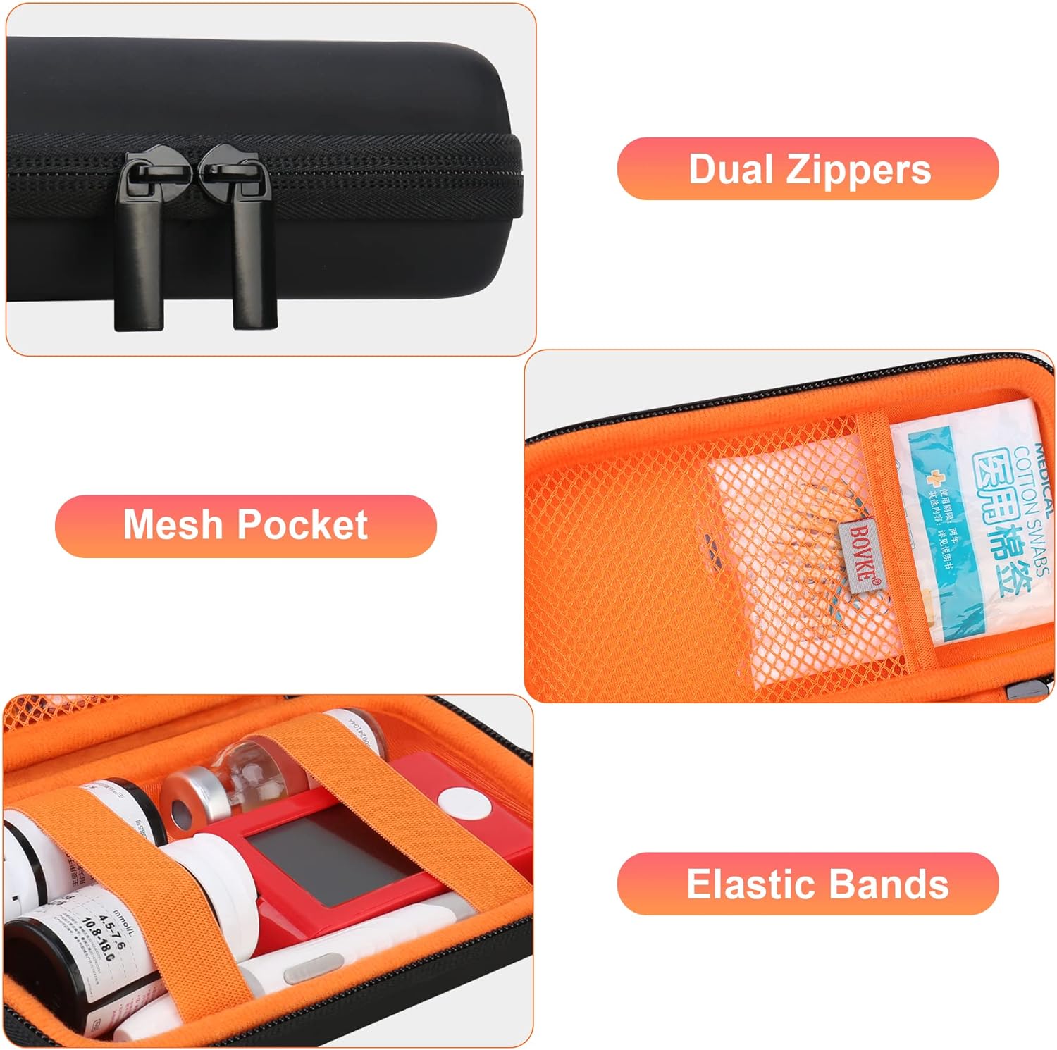 BOVKE Diabetic Supplies Case, Diabetes Travel Bag for Testing Kit, Blood Glucose Monitor Meters, Test Strips, Medication, Lancets, Needles, Syringes and Other Diabetic Supplies, Rose Gold