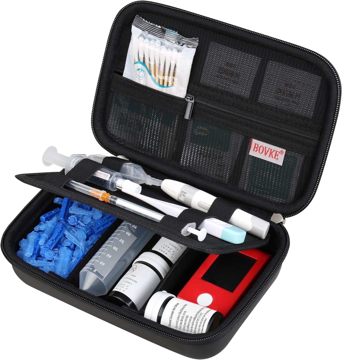 BOVKE Diabetic Supplies Travel Case, Storage Bag for Diabetes Testing Kit, Glucose Meter, Insulin Pens, Test Strips, Lancets, Syringe, Needles and Other Diabetic Supplies Carrying Case, Black