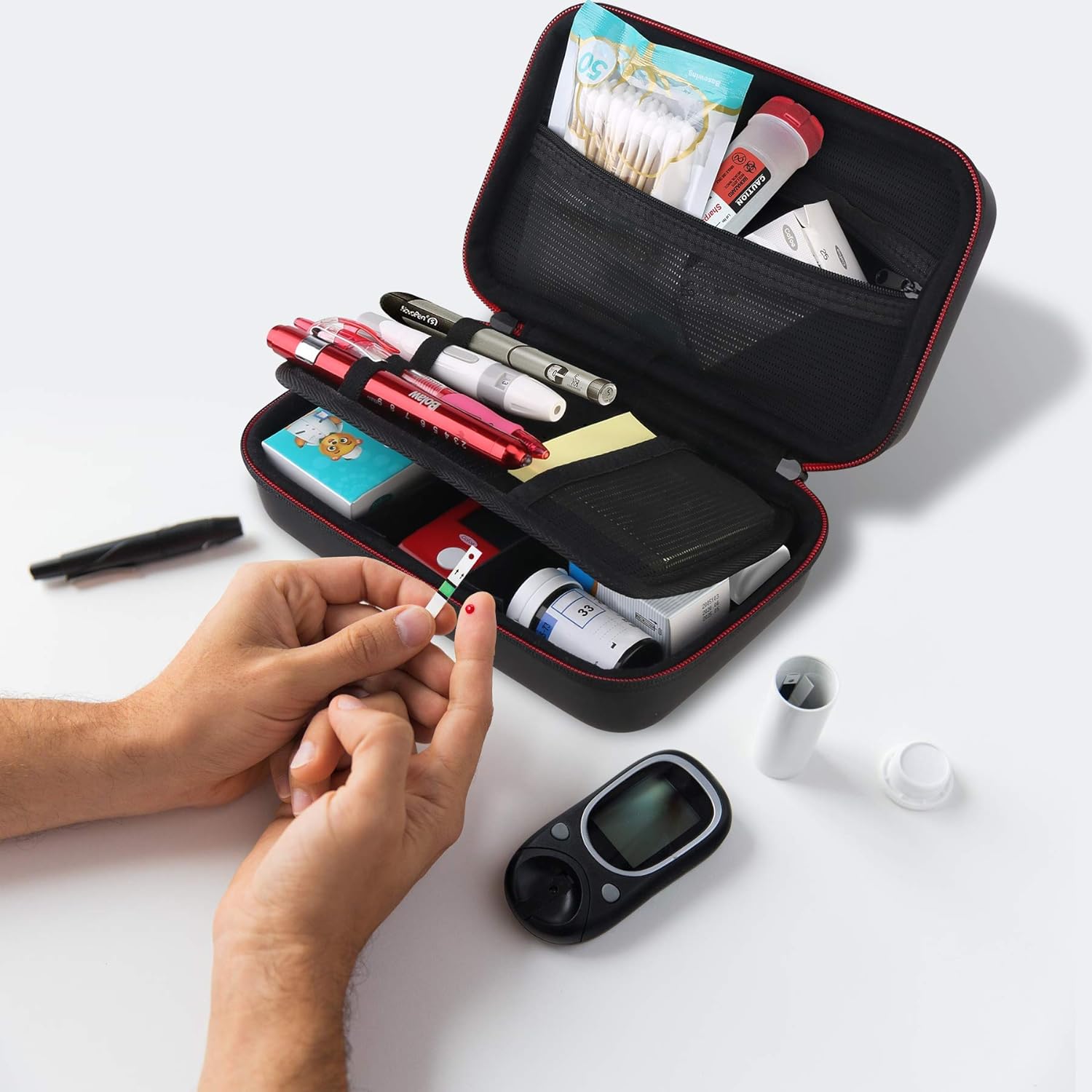 BOVKE Diabetic Supplies Travel Case, Storage Bag for Diabetes Testing Kit, Glucose Meter, Insulin Pens, Test Strips, Lancets, Syringe, Needles and Other Diabetic Supplies Carrying Case, Black