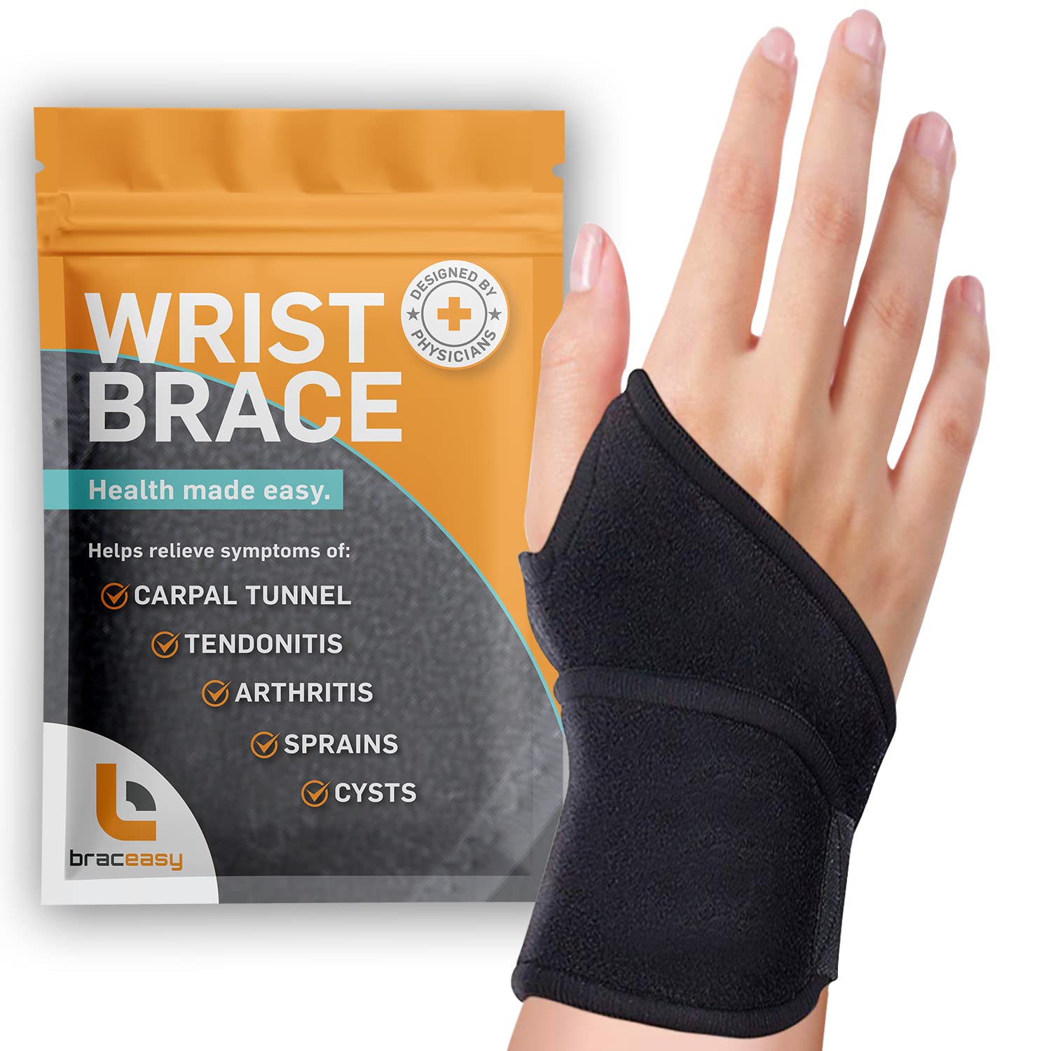 BracEasy Wrist Brace: Left  Right Hand Wrist Brace/Wrist Support Wrist Wraps - Carpal Tunnel Wrist Brace for Night Support - Wrist Brace for Wrist Pain; Hand Brace; Wrist Guard [Black; Single]