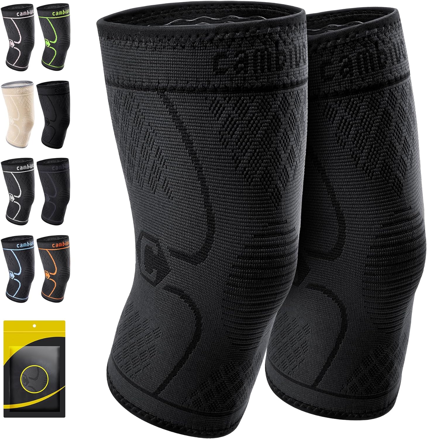 CAMBIVO 2 Pack Knee Braces for Knee Pain, Knee Compression Sleeve for Men and Women, Knee Support for Meniscus Tear, Running, Weightlifting, Workout, ACL, Arthritis, Joint Pain Relief (Black,Medium)