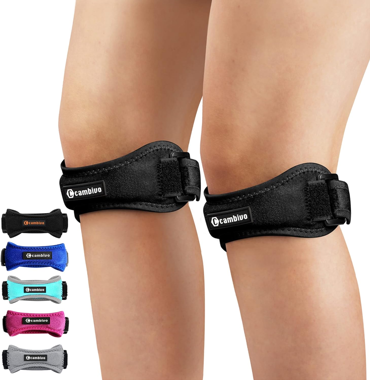 CAMBIVO 2 Pack Knee Braces for Knee Pain, Patella Knee Support Strap, Adjustable Patellar Tendon Stabilizer Band for Jumpers Knee, Tendonitis, Basketball, Running, Hiking, Volleyball, Tennis, Squats