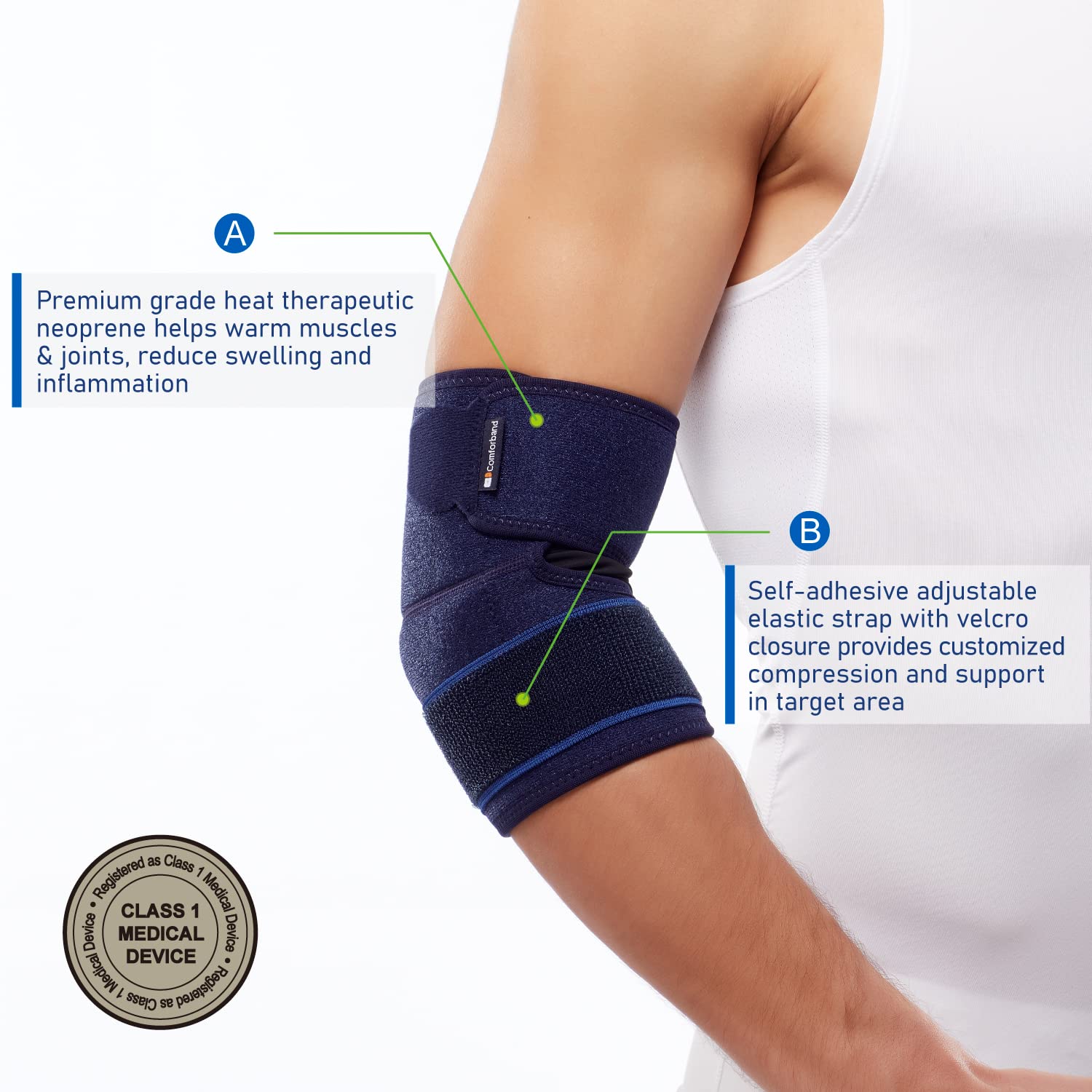 Comforband Adjustable Elbow Support for Epicondylitis, Tennis Elbow, Golfer’s Elbow, Bursitis, Elbow Sprains, Strains, Tendonitis, Arthritis, Sports Injury Recovery - Elbow Pain Relief - One Size fits Most