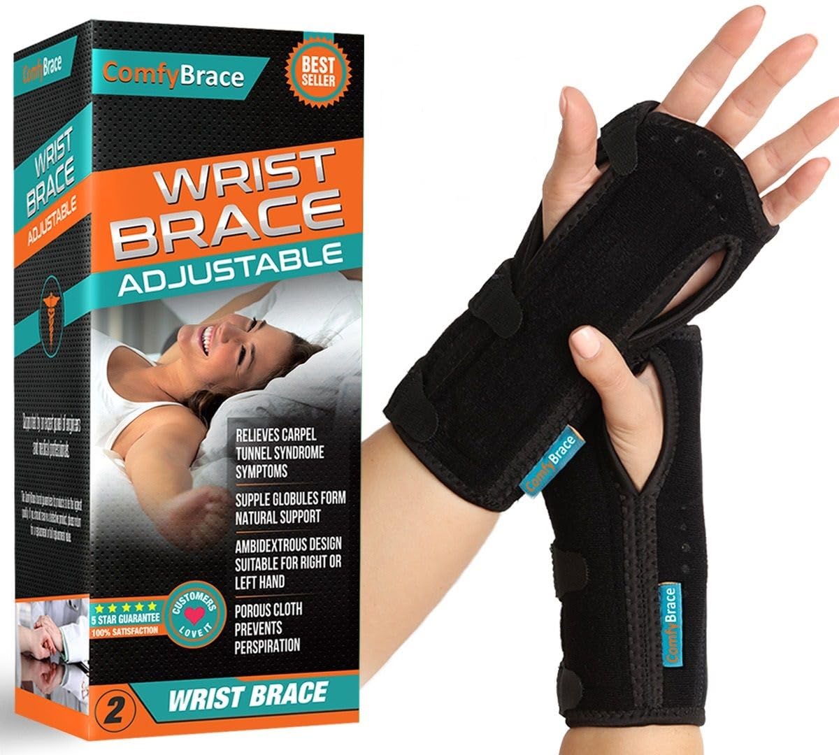 ComfyBrace Night Wrist Sleep Support Brace- Fits Both Hands - Cushioned to Help With Carpal Tunnel and Relieve and Treat Wrist Pain, (Pack of 2)