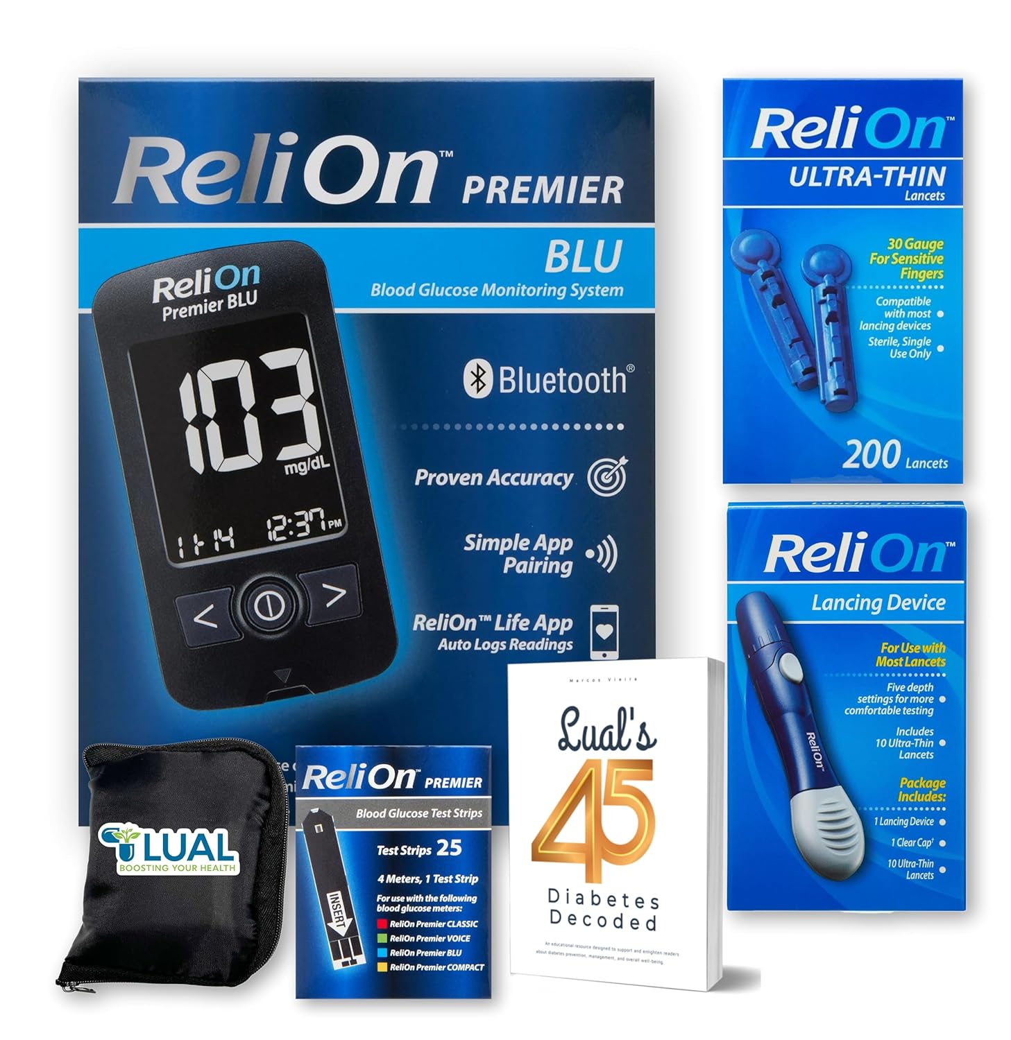 Complete Diabetes Care Kit: ReliOn Essential Tools  LUALs 45: Diabetes Decoded eBook (Premier Blu Kit)