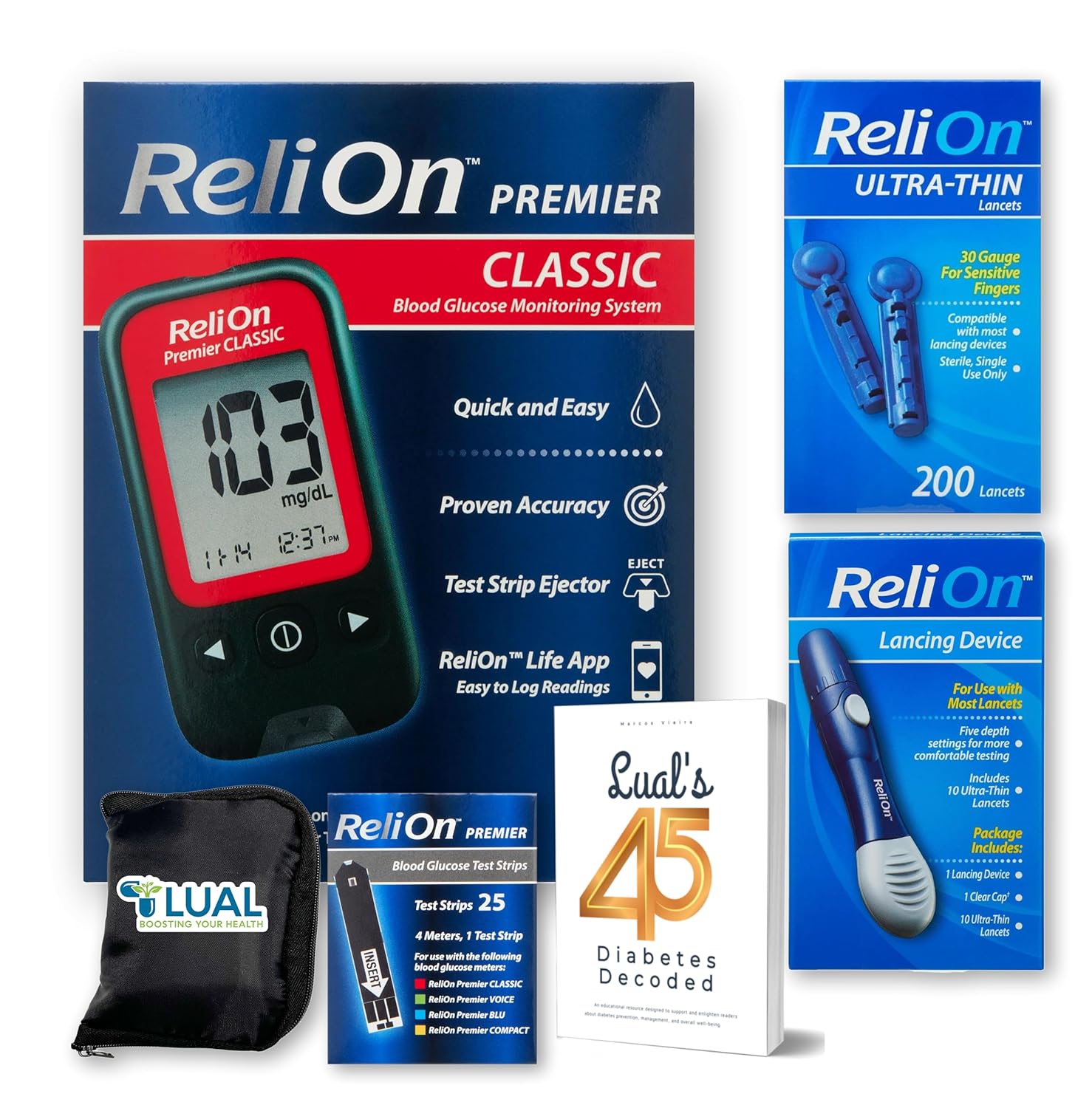 Complete Diabetes Care Kit: ReliOn Essential Tools  LUALs 45: Diabetes Decoded eBook (Premier Blu Kit)