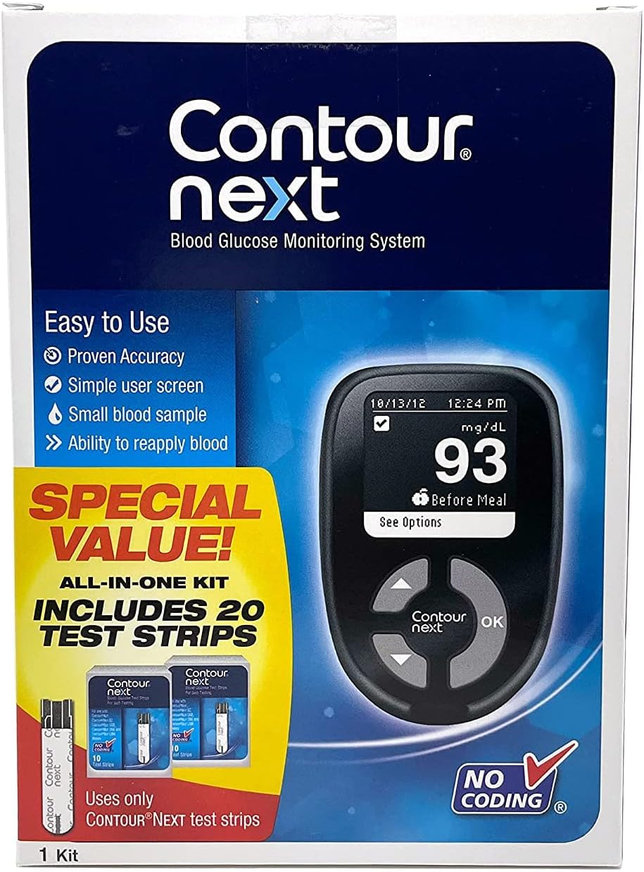 CONTOUR NEXT Blood Glucose Monitoring System – All-in-One Kit for Diabetes with Glucose Monitor and 55 Test Strips For Blood Sugar Glucose Testing