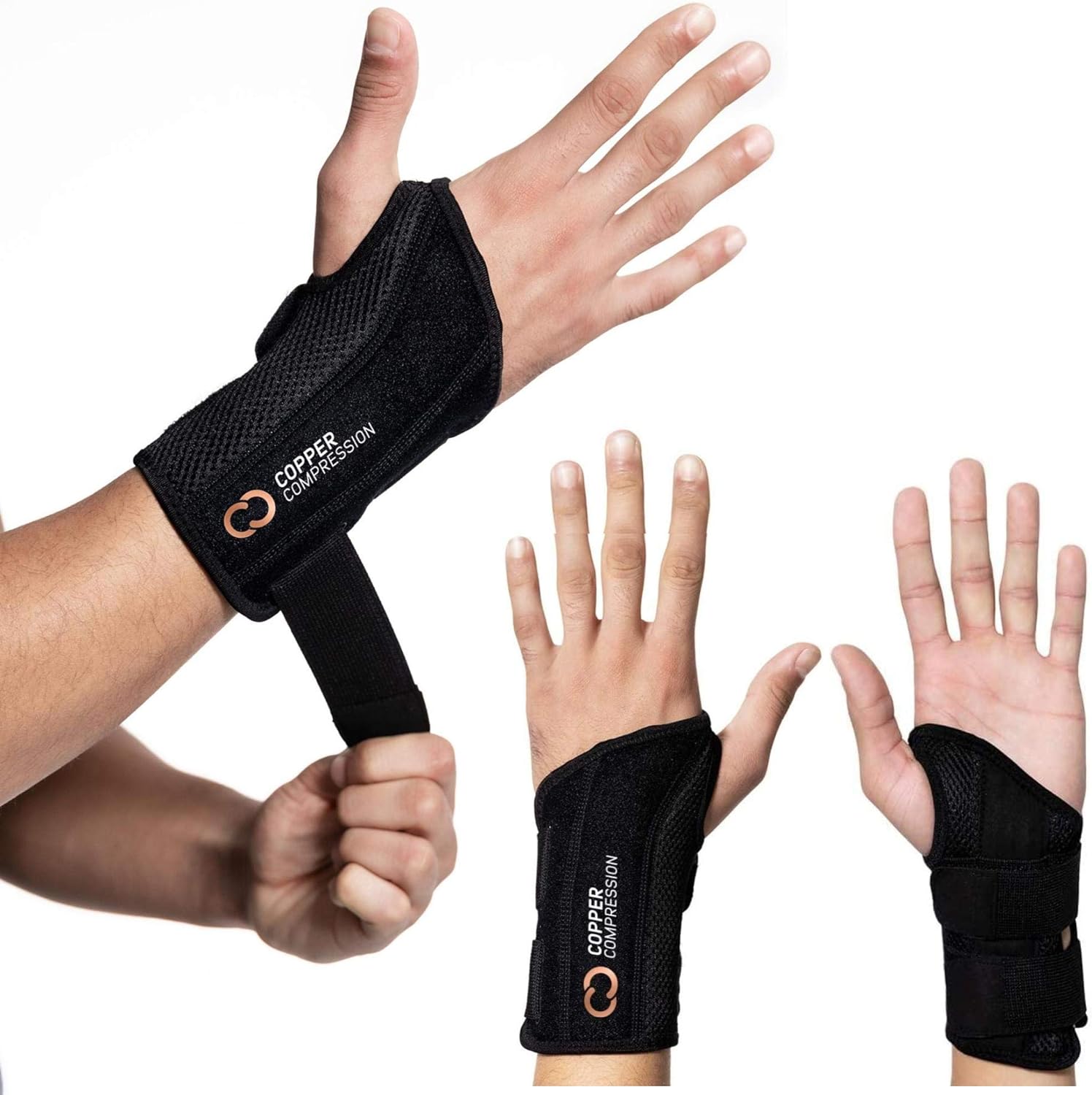 Copper Compression Wrist Brace - Copper Infused Adjustable Orthopedic Support Splint for Pain, Ganglion Cyst, Carpal Tunnel, Arthritis, Tendinitis for Men Women Fits Left Hand L-XL