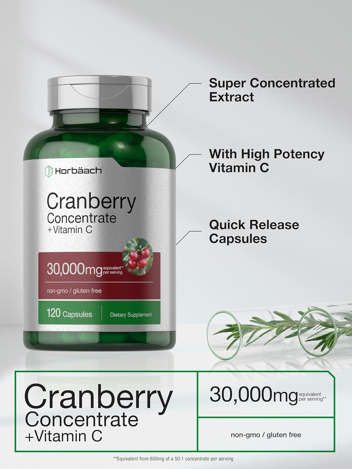 Cranberry Concentrate Extract Pills + Vitamin C | 30,000mg | 120 Capsules | Triple Strength Ultimate Potency Formula | Non-GMO and Gluten Free Cranberry Supplement | by Horbaach