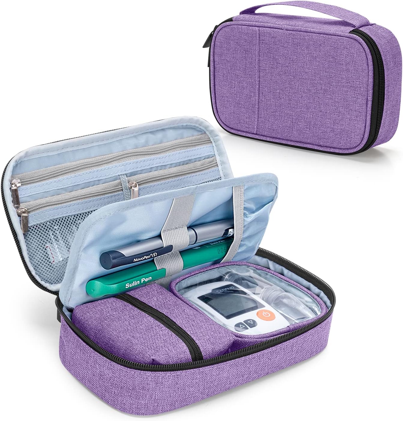 CURMIO Diabetic Supplies Bag for Glucose Meter, Medication, Insulin Pens and Other Diabetes Care Supplies, Diabetes Travel Organizer Case with Detachable Pouches, Purple (Bag Only)