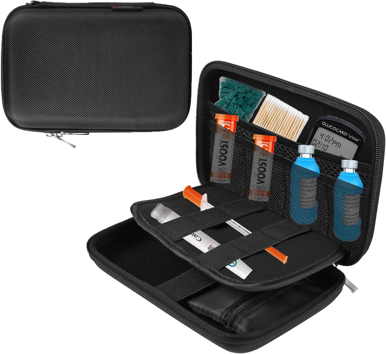 Diabetic Supplies Travel Organizer Hard Case Kit Bag for Test Strips, Lancets, Needles, Lancing Device, Glucose Meter, Alcohol Wipes, Syringes, Diabetic Supply Carrier Storage Container (Black)