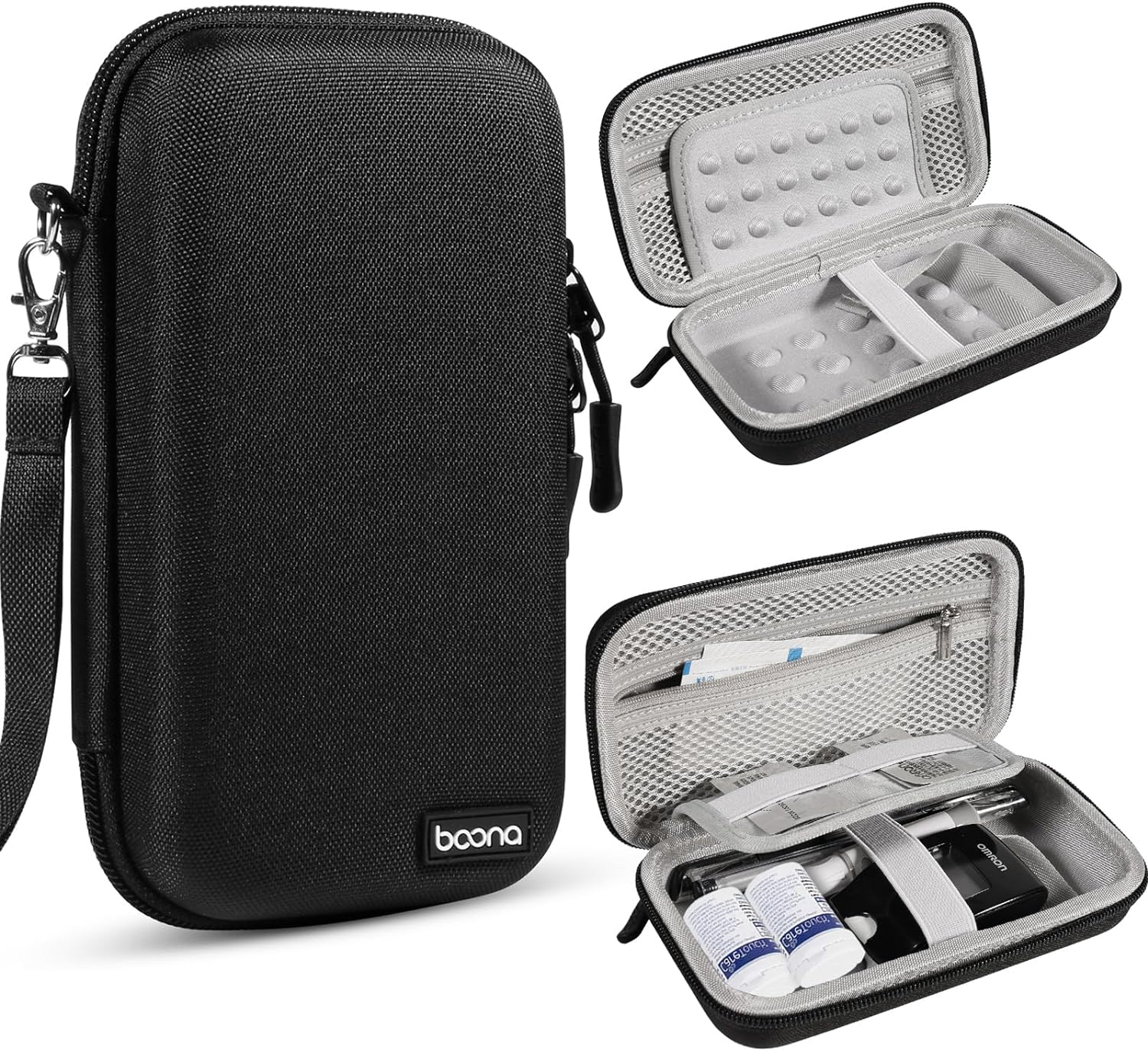 Diabetic Travel Case + Pill Box, EVA Hard Shell Diabetic Bags for Supplies, Glucose Monitor Kit, Blood Sugar Monitor, Test Strips for Diabetes, Lancets, Lancing Device, Insulin Pen (Large, B Black)