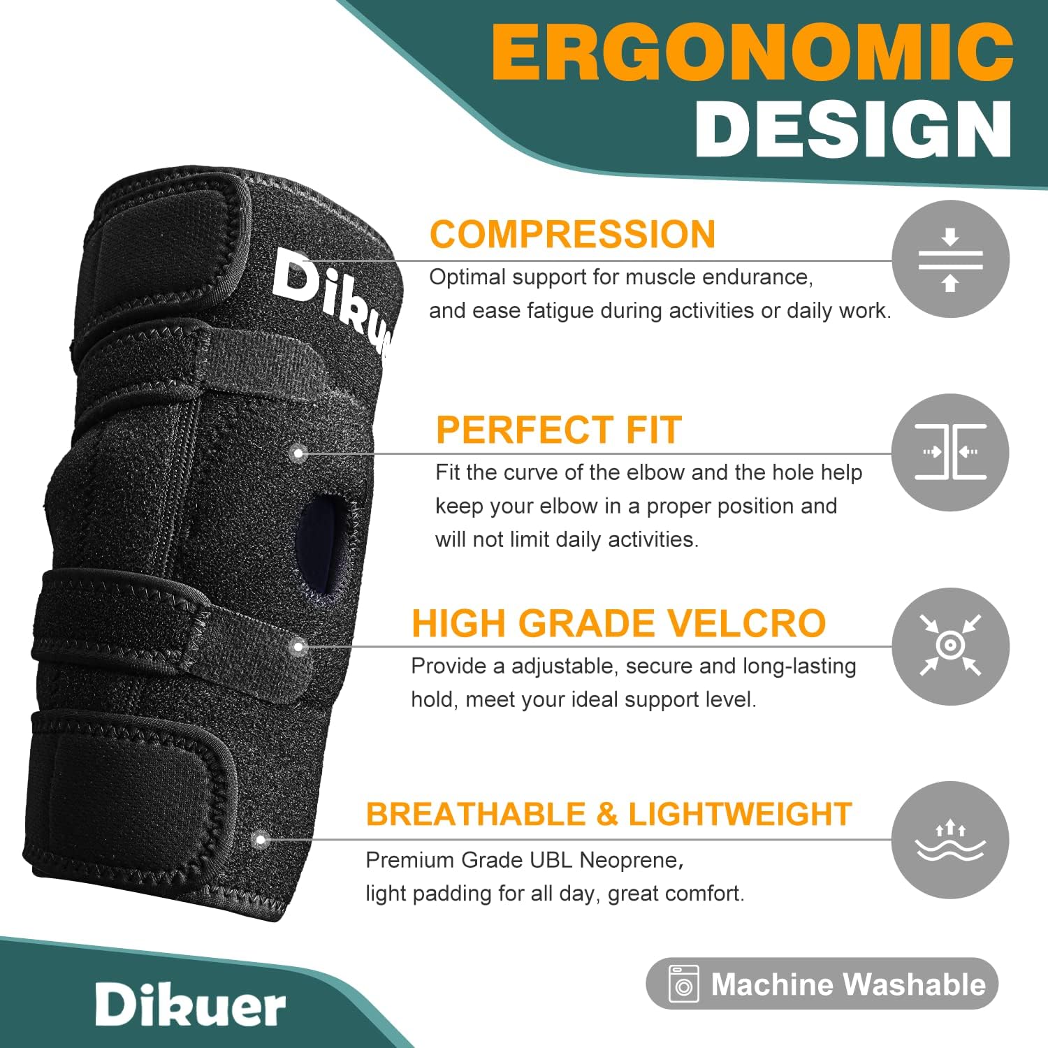 Dikuer Elbow Brace for Tendonitis and Tennis Elbow, Comfortable Cubital Tunnel Syndrome for Sleeping and Ulnar Nerve Entrapment Immobilizer Brace Relief Pain Arm Straightener Men Women