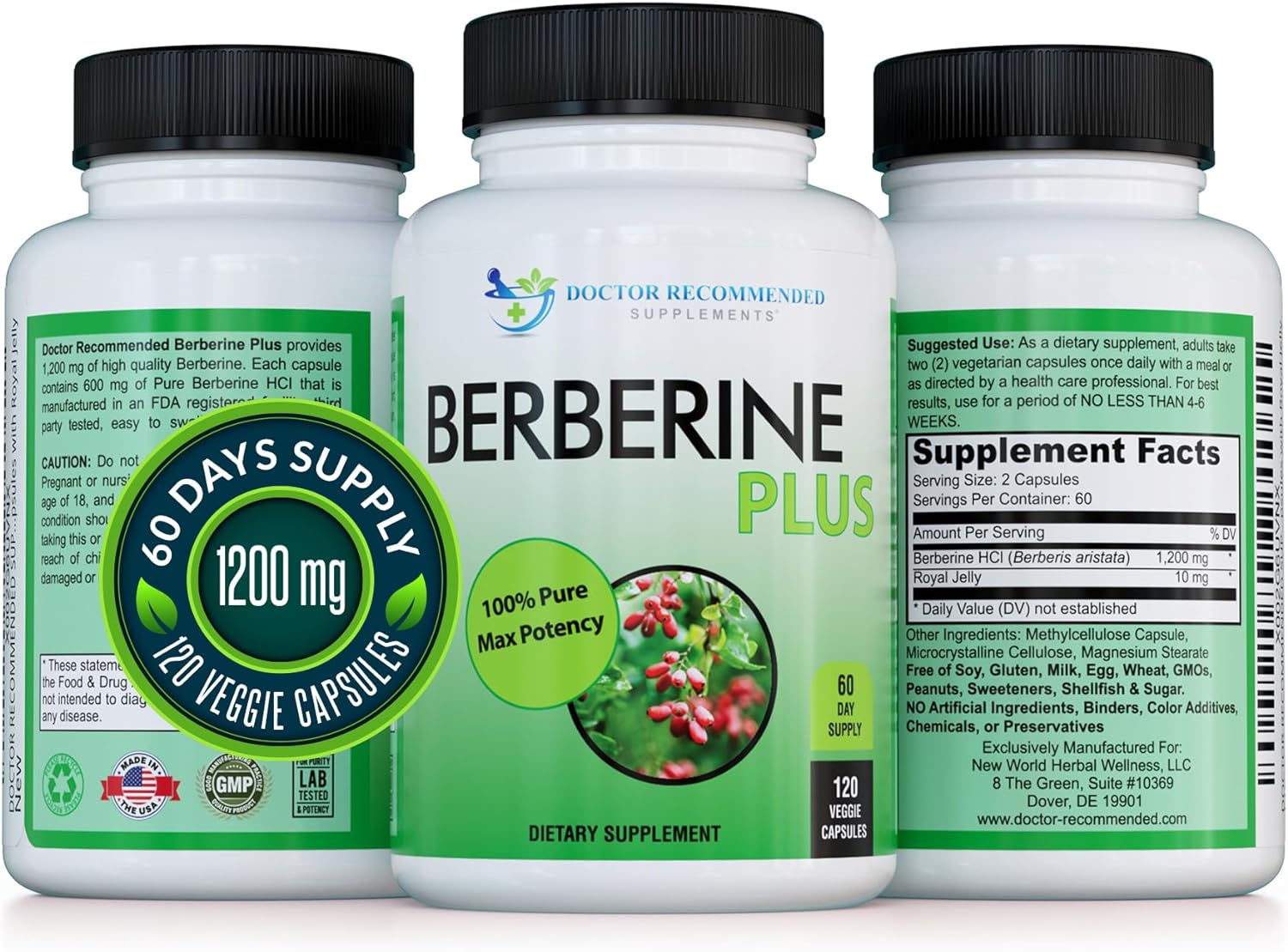 DOCTOR RECOMMENDED SUPPLEMENTS Berberine Plus 1200mg Per Serving - 120 Veggie Capsules with Royal Jelly