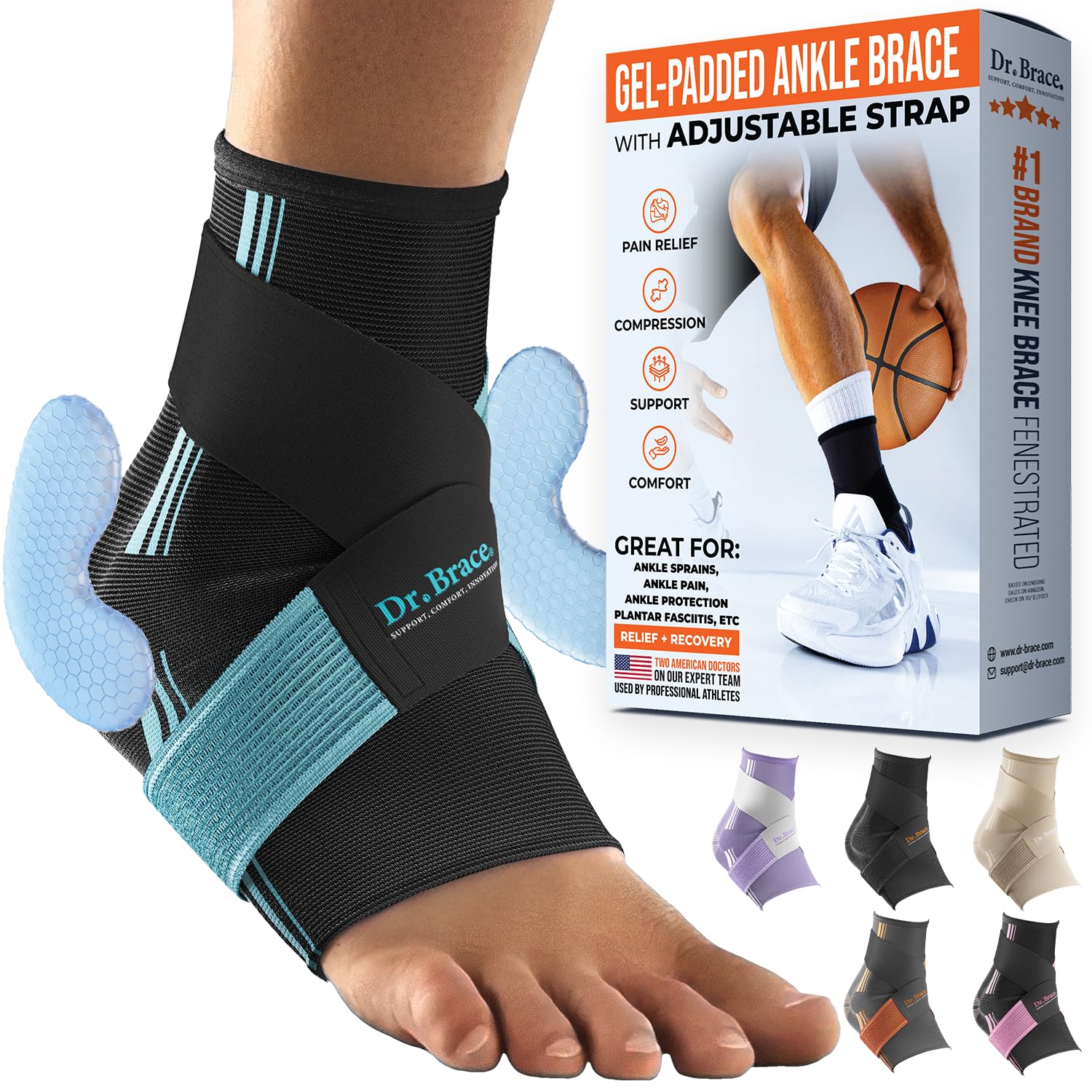 DR. BRACE® Elite Ankle Brace With Adjustable Strap  2X Gel Pad For Ankle Support  Pain Relief, Ankle Brace For Sprained Ankle, Plantar Fasciitis, Ankle Pain, Peroneal Tendonitis, Ankle Compression Sleeve For Women  Men, Ankle Wrap Support (Black-Blue, Medium)