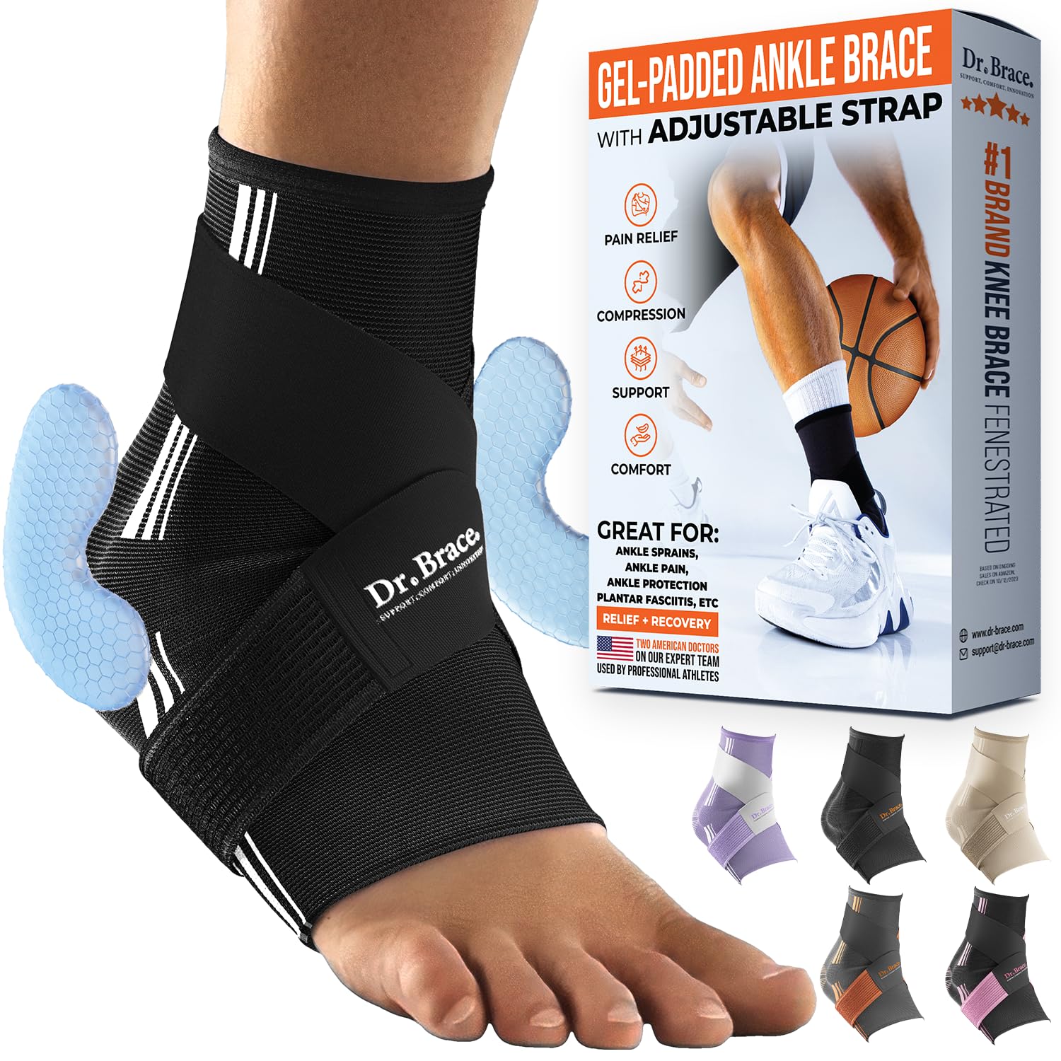 DR. BRACE® Elite Ankle Brace With Adjustable Strap  2X Gel Pad For Ankle Support  Pain Relief, Ankle Brace For Sprained Ankle, Plantar Fasciitis, Ankle Pain, Peroneal Tendonitis, Ankle Compression Sleeve For Women  Men, Ankle Wrap Support (Black-Blue, Medium)