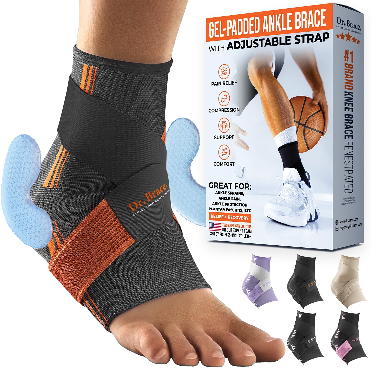 DR. BRACE® Elite Ankle Brace With Adjustable Strap  2X Gel Pad For Ankle Support  Pain Relief, Ankle Brace For Sprained Ankle, Plantar Fasciitis, Ankle Pain, Peroneal Tendonitis, Ankle Compression Sleeve For Women  Men, Ankle Wrap Support (Black-Blue, Medium)