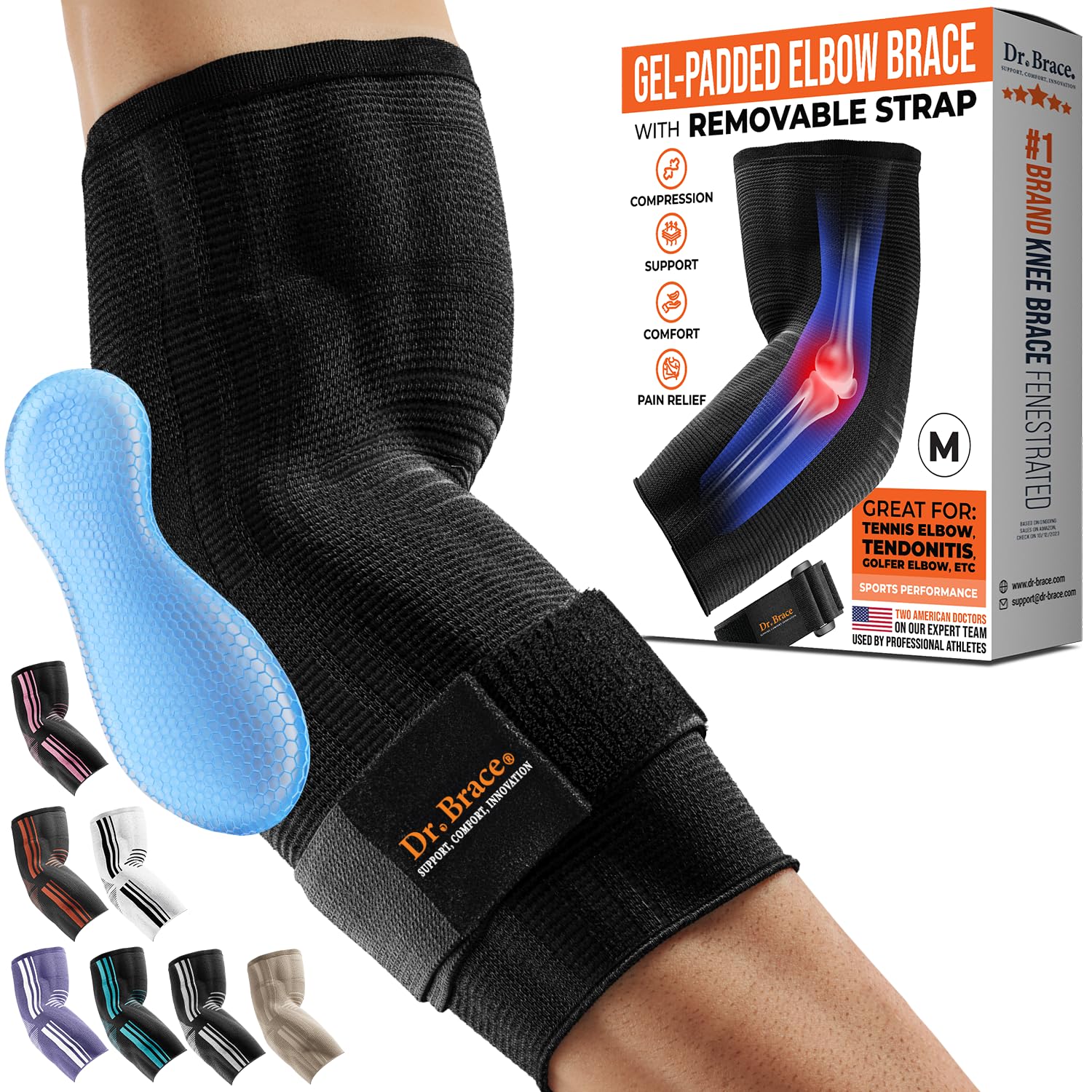 DR. BRACE® ELITE Elbow Brace support, Breathable Elbow Compression Sleeve with Gel Pad for Golfers, Tennis Elbow  Tendonitis Treatment  Pain Relief - With Removable Arm Wrap for Daily Wear / Weightlifting / Sport (Black, Large)