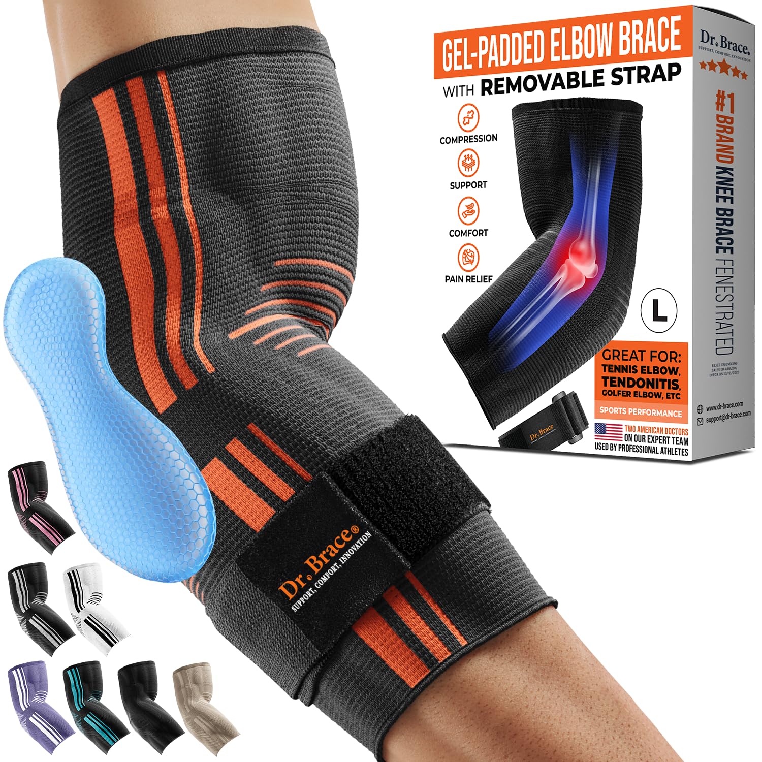 DR. BRACE® ELITE Elbow Brace support, Breathable Elbow Compression Sleeve with Gel Pad for Golfers, Tennis Elbow  Tendonitis Treatment  Pain Relief - With Removable Arm Wrap for Daily Wear / Weightlifting / Sport (Black, Large)