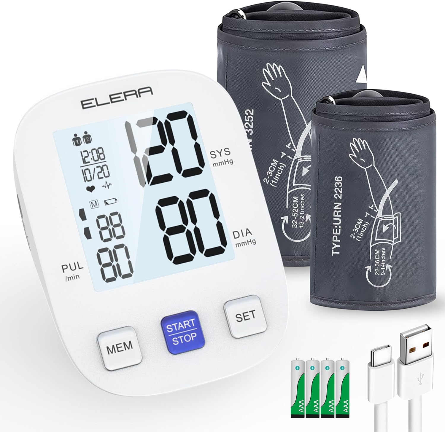 ELERA Blood Pressure Monitor with Two Cuffs - Extra Large Cuff 13-21 and Standard 9-14, Accurate Automatic BP Machine with Large Screen, USB Cable and 4 AAA Batteries - Ideal for Home Use