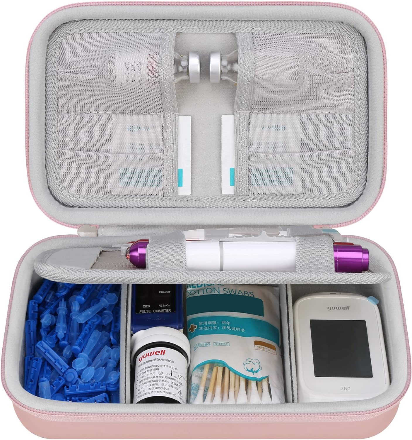 Elonbo Diabetic Supplies Travel Case, Glucose Meter Portable Storage Bag, Insulin Pen and Medication Carrying Case for Glucose Meters, Insulin Pen, Test Strips, Lancets, Syringe, Needles, Rose Gold.