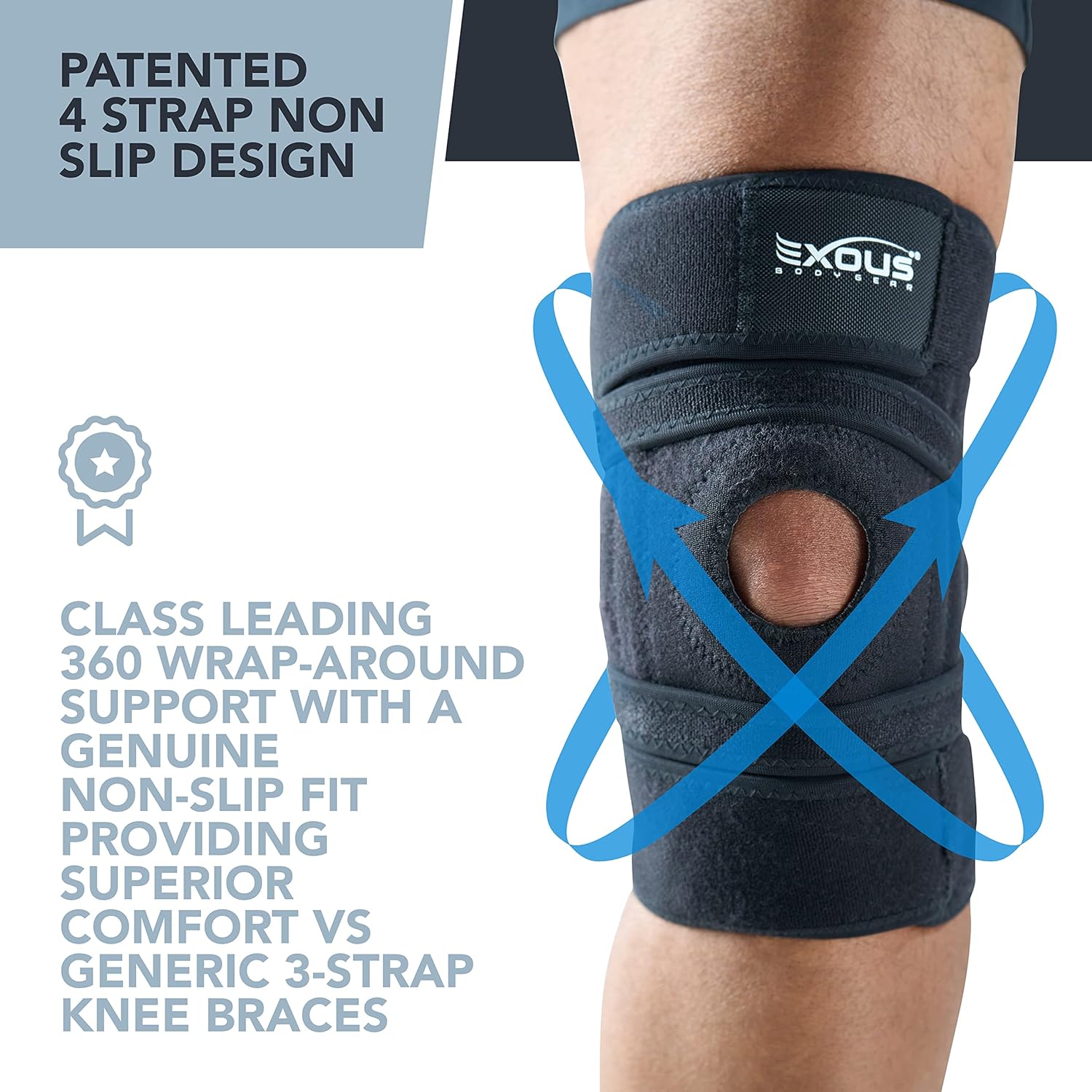 EXOUS BODYGEAR Knee Brace Meniscus Tear Support For Arthritis Acl, Mcl Pain Patented 4-way Adjustable NonSlip Wraparound Strap Dual Side Stabilizer For Patella Stability Size [medium]