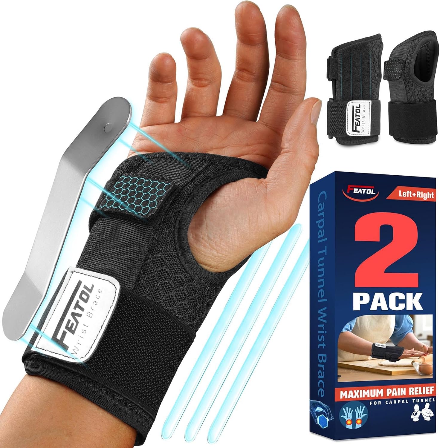 FEATOL 2 Pack Carpal Tunnel Wrist Brace For Work With Wrist Splint, Adjustable Wrist Guard Daytime Support For Women Men, Pain Relief For Pregnancy, Typing, Arthritis, Tendonitis, Right Hand Left Hand, Large/X-Large