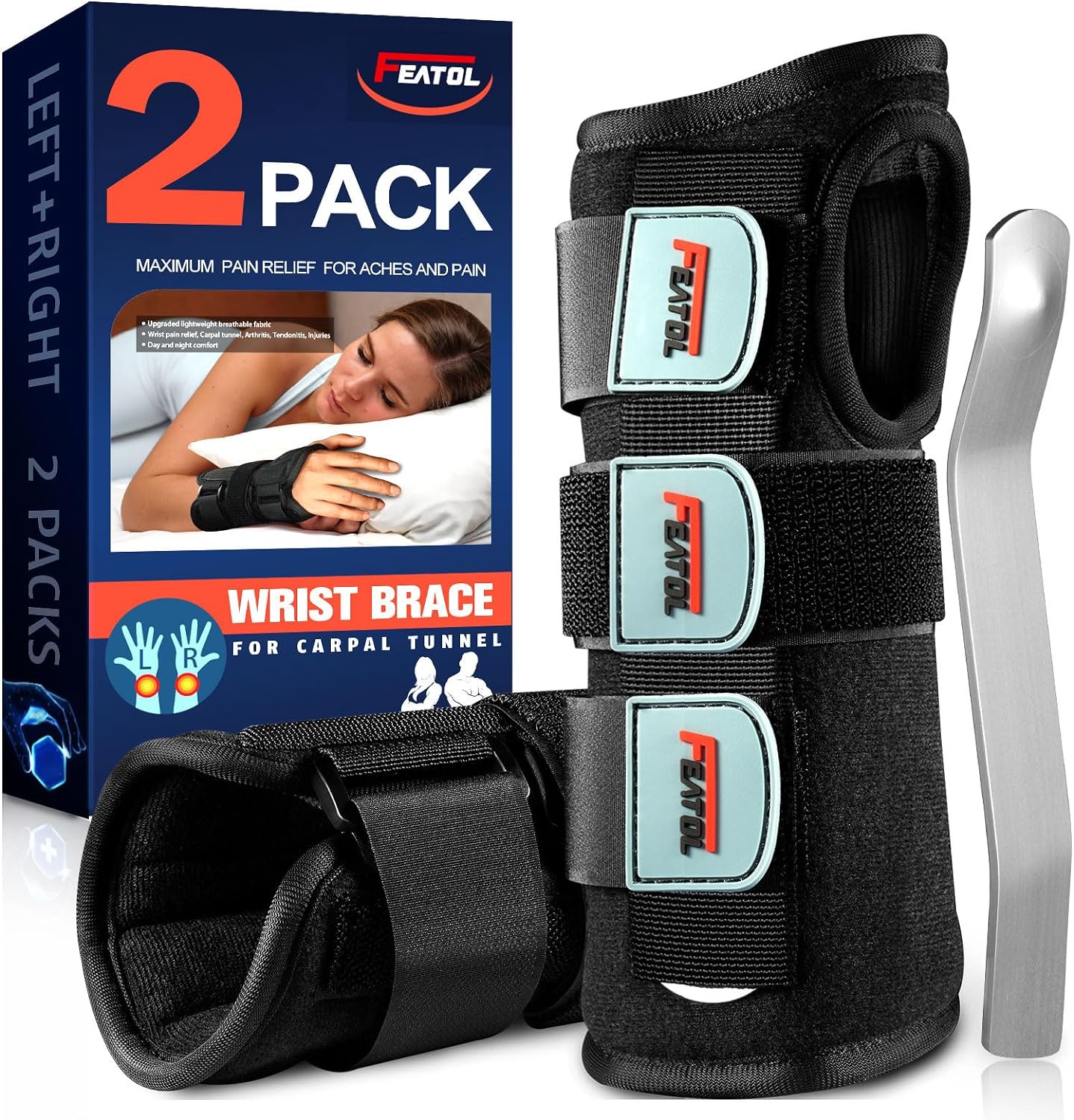 FEATOL 2 Pack Wrist Brace for Carpal Tunnel Relief, Adjustable Wrist Support Brace with Metal Splints Both Hands, Large/X-Large , Arm Compression Hand Support for Arthritis, Tendonitis, Sprain, Injuries, Wrist Pain, Right and Left
