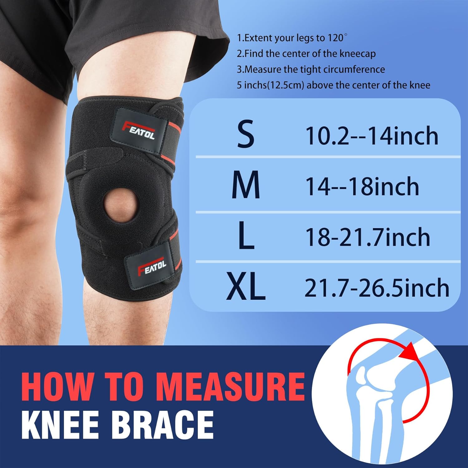 FEATOL Knee Brace For Knee Pain Relief, Adjustable Knee Support with Side Stabilizers  Patellar Gel Pads for Men and Women, Knee Wrap for ACL, MCL, Meniscus Tear, Arthritis, Injury Recovery, Size M