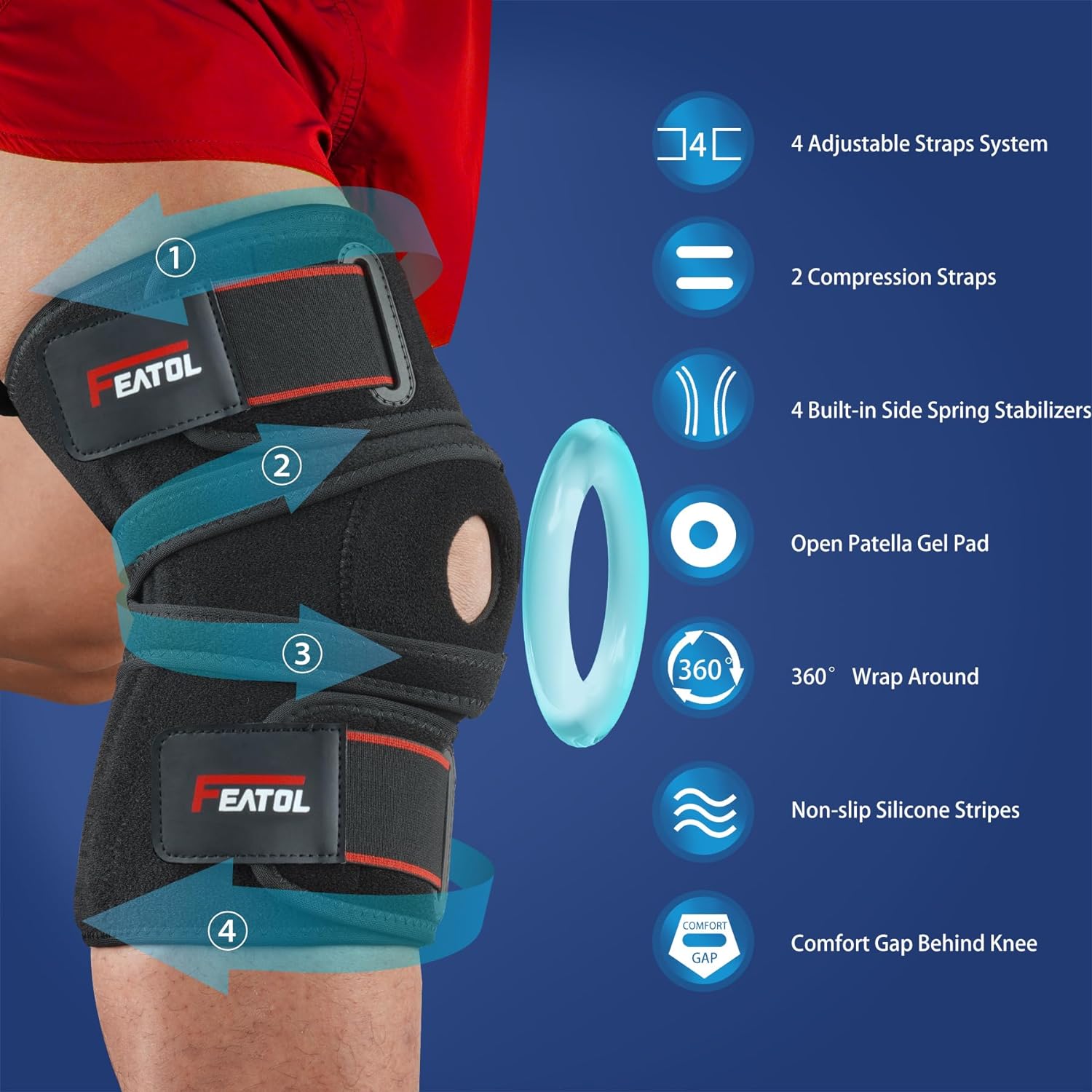 FEATOL Knee Brace For Knee Pain Relief, Adjustable Knee Support with Side Stabilizers  Patellar Gel Pads for Men and Women, Knee Wrap for ACL, MCL, Meniscus Tear, Arthritis, Injury Recovery, Size M