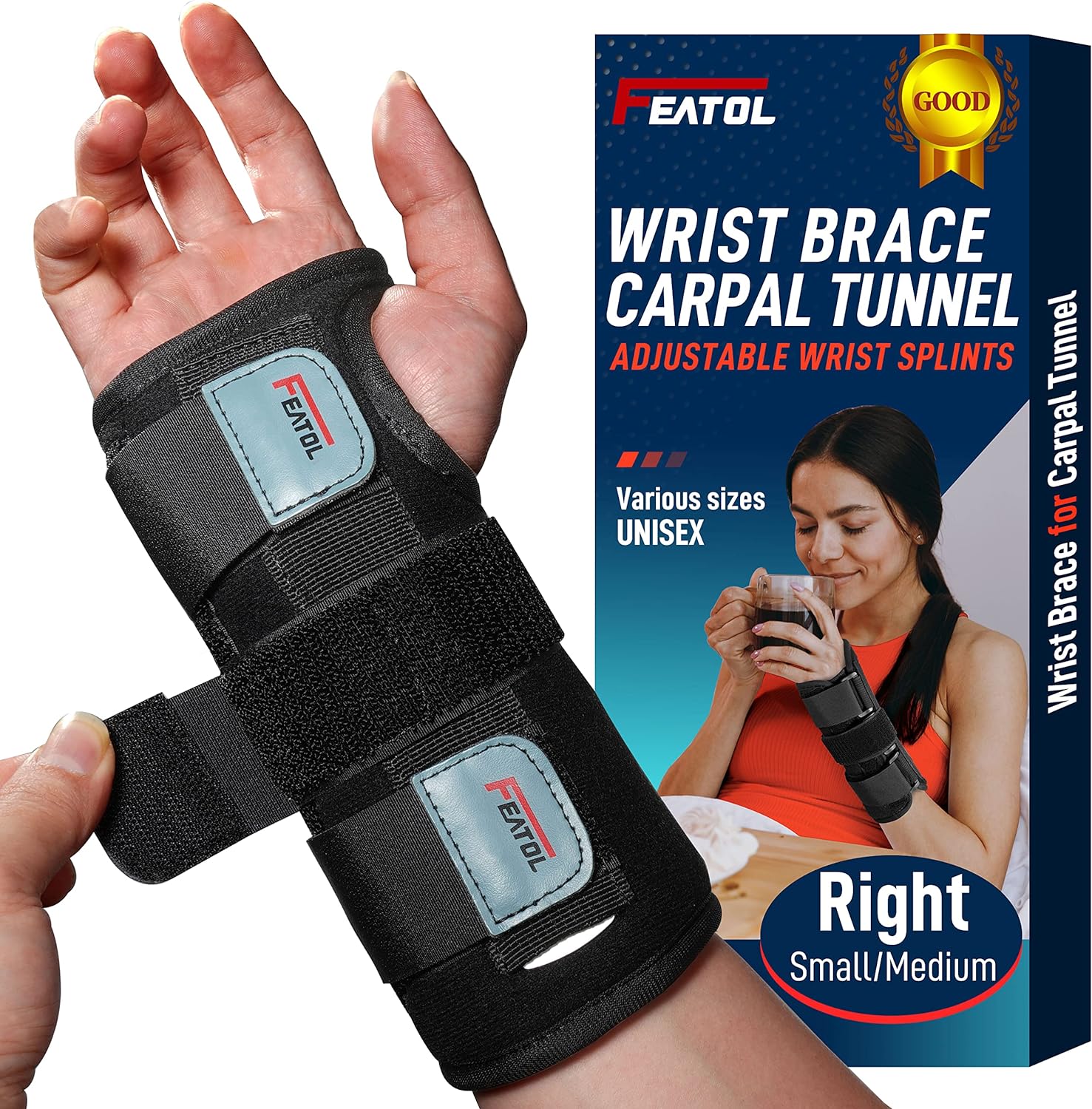 FEATOL Wrist Brace for Carpal Tunnel, Adjustable Night Wrist Support Brace with Splints Right Hand, Small/Medium, Hand Support for Arthritis, Tendonitis, Sprain, Injuries, Wrist Pain