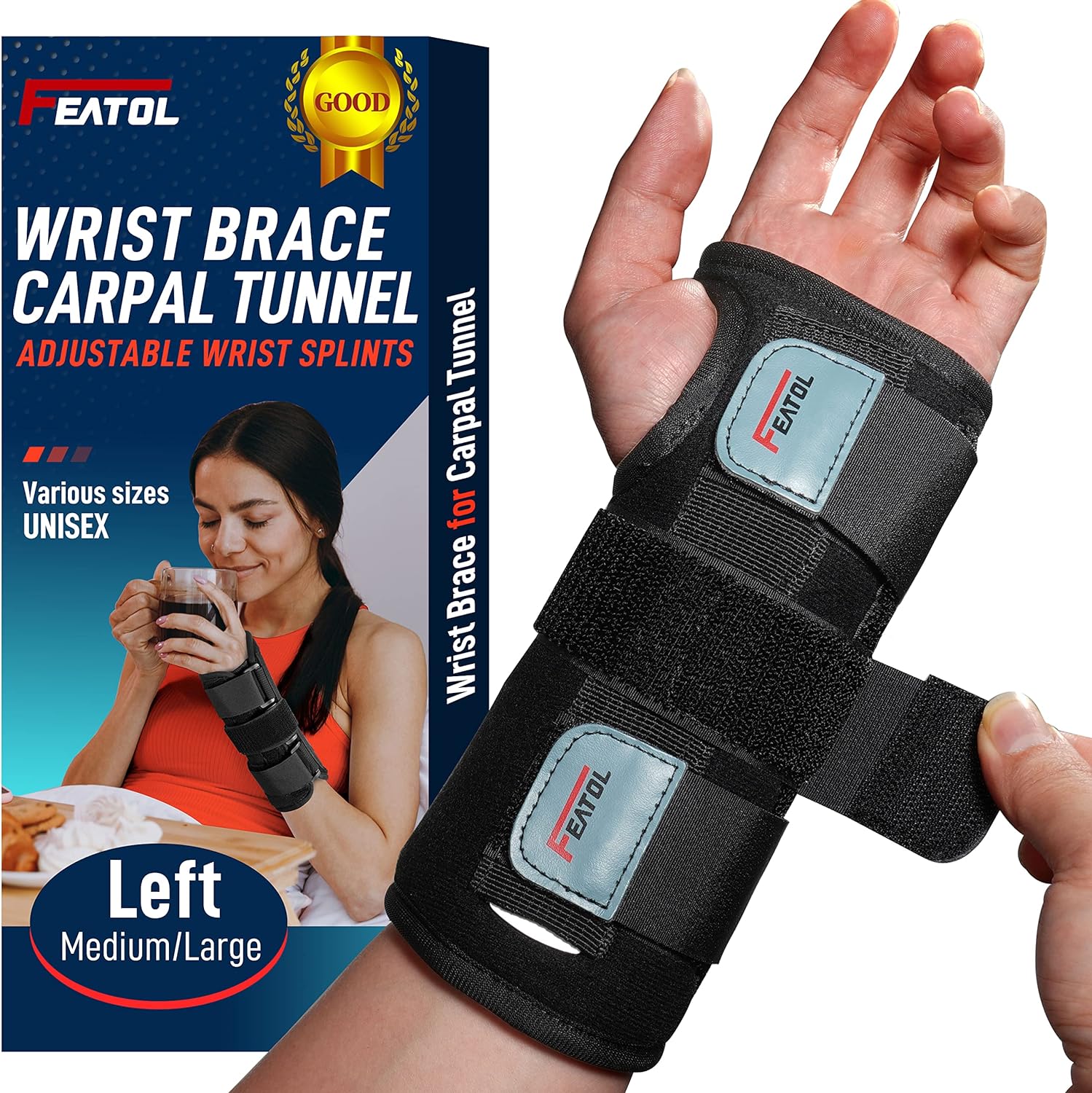 FEATOL Wrist Brace for Carpal Tunnel, Adjustable Night Wrist Support Brace with Splints Right Hand, Small/Medium, Hand Support for Arthritis, Tendonitis, Sprain, Injuries, Wrist Pain