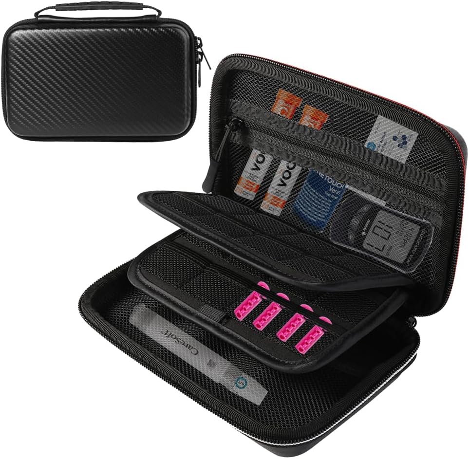 Hard Shell Diabetic Supplies Organizer Insulin Travel Carrying Case Bag for Lancets, Blood Sugar Test Strips, Lancing Device, Pen Needles, Glucose Meter, Medication, Pills, Alcohol Wipes Swabs (Black)