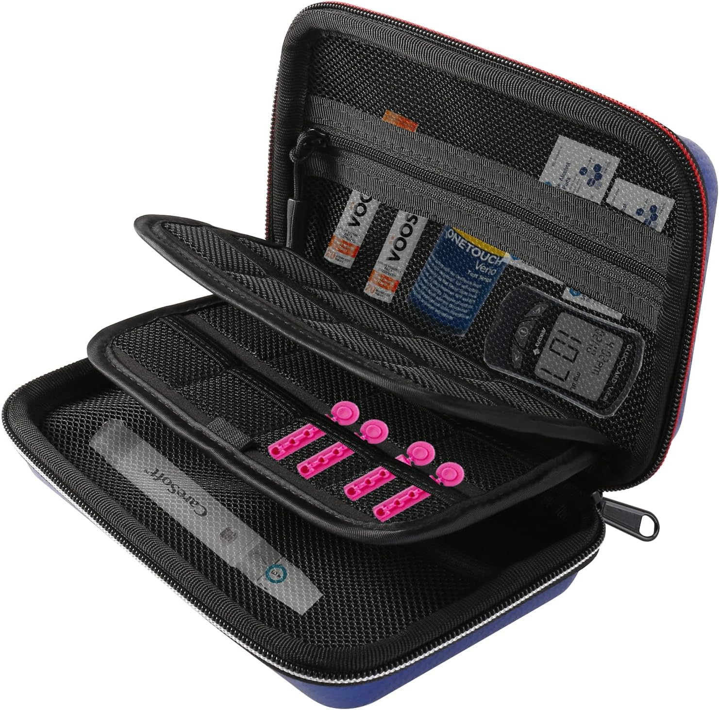 Hard Shell Diabetic Supplies Organizer Insulin Travel Carrying Case Bag for Lancets, Blood Sugar Test Strips, Lancing Device, Pen Needles, Glucose Meter, Medication, Pills, Alcohol Wipes Swabs (Black)