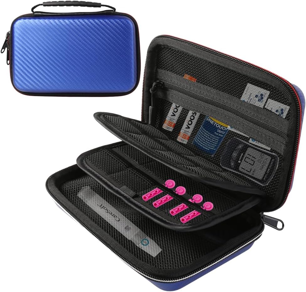 Hard Shell Diabetic Supplies Organizer Insulin Travel Carrying Case Bag for Lancets, Blood Sugar Test Strips, Lancing Device, Pen Needles, Glucose Meter, Medication, Pills, Alcohol Wipes Swabs (Black)