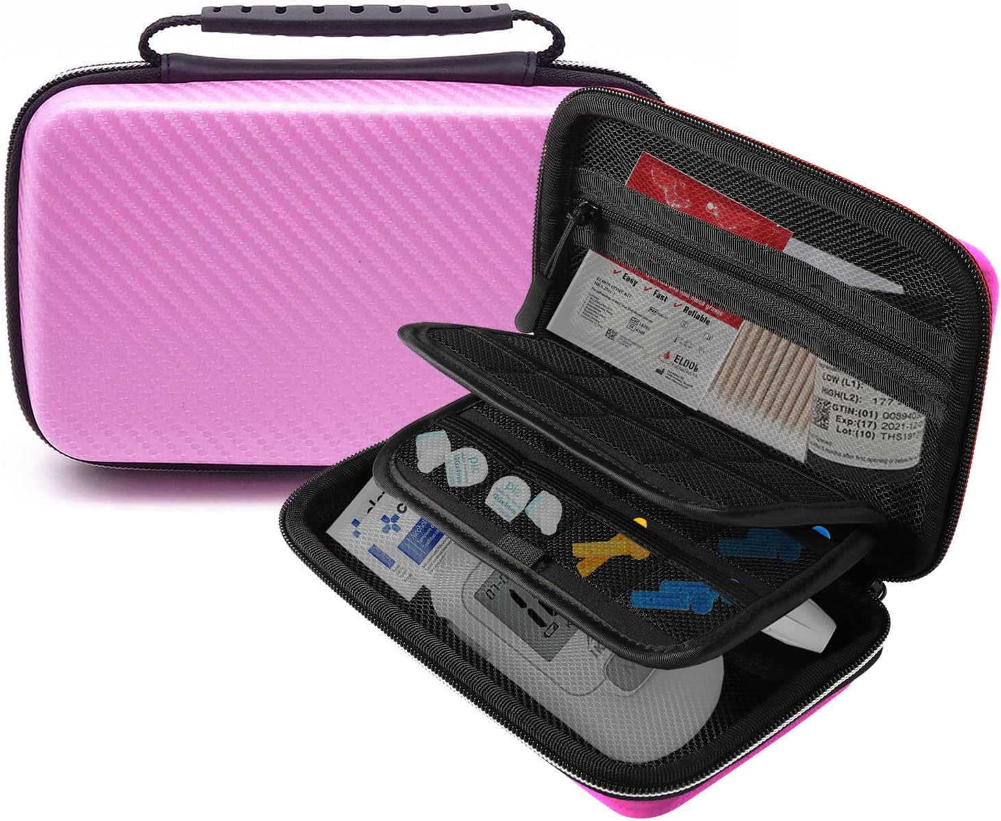 Hard Shell Diabetic Supplies Travel Case Storage Bag Organizer with Handle for Diabetes Testing Kit, Blood Glucose Monitor, Insulin Syringe, Test Strips, Lancets, Pen Needles, Medication (Pink)