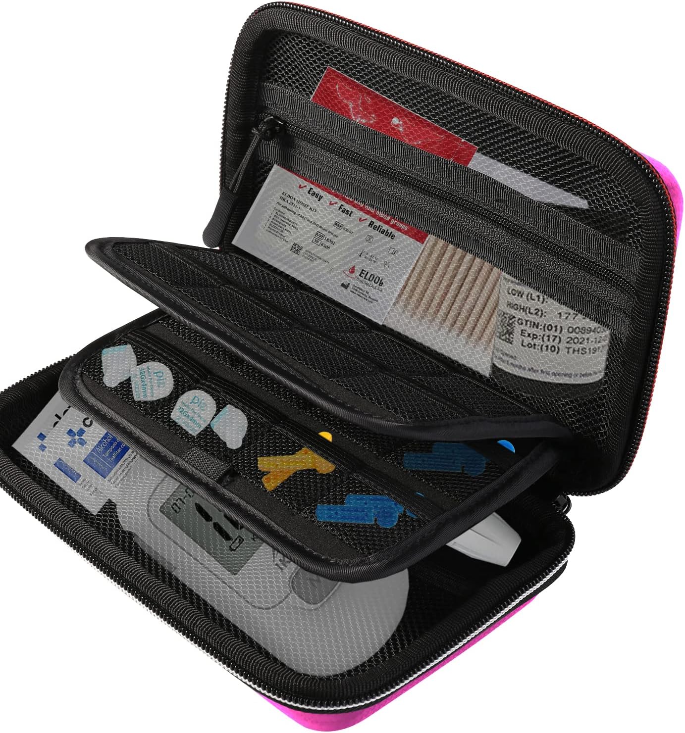 Hard Shell Diabetic Supplies Travel Case Storage Bag Organizer with Handle for Diabetes Testing Kit, Blood Glucose Monitor, Insulin Syringe, Test Strips, Lancets, Pen Needles, Medication (Pink)