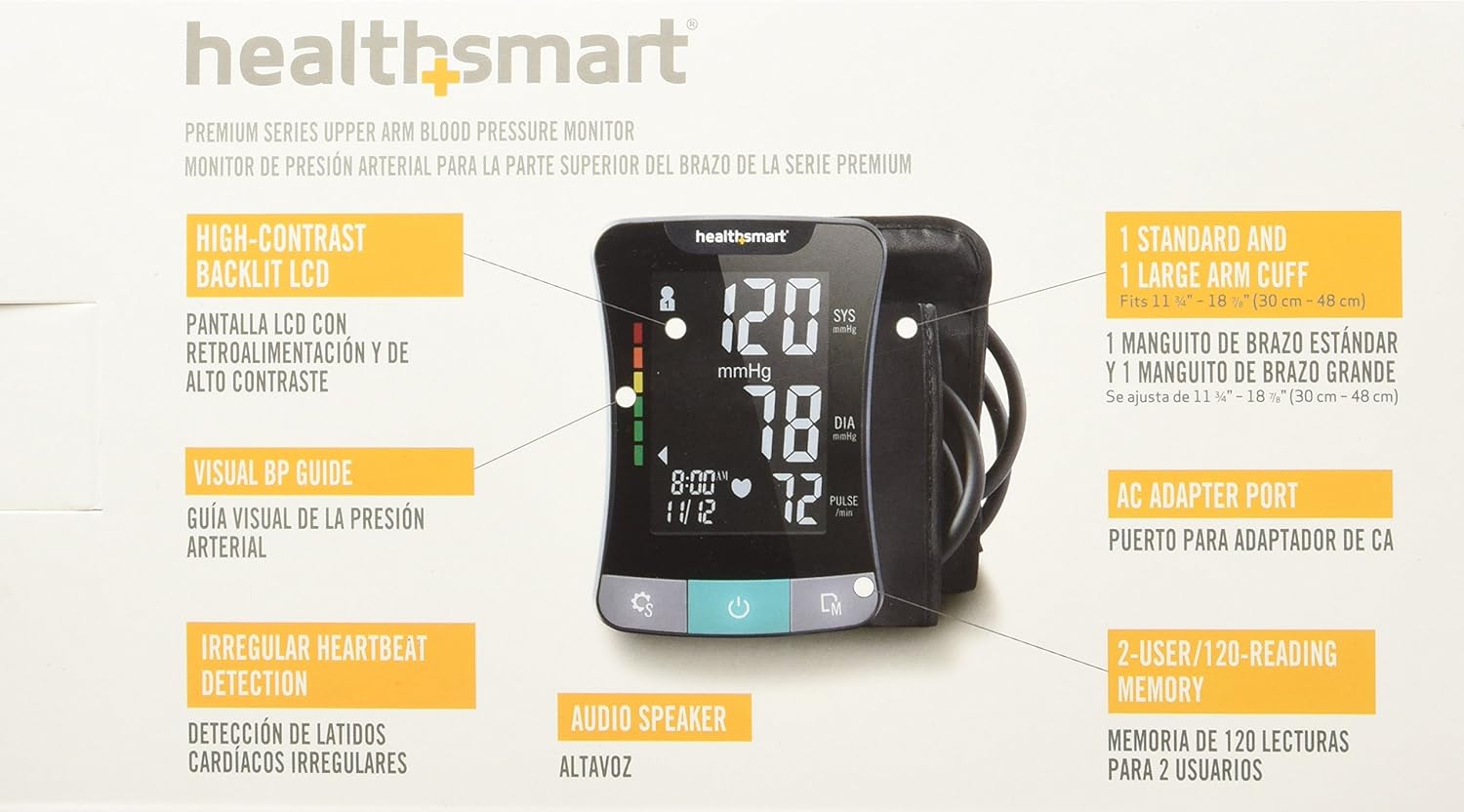 HealthSmart Digital Premium Blood Pressure Monitor with Automatic Upper Arm Cuff that Displays Blood Pressure, Pulse Rate and Irregular Heartbeat, Stores up to 120 Readings for 2 Users